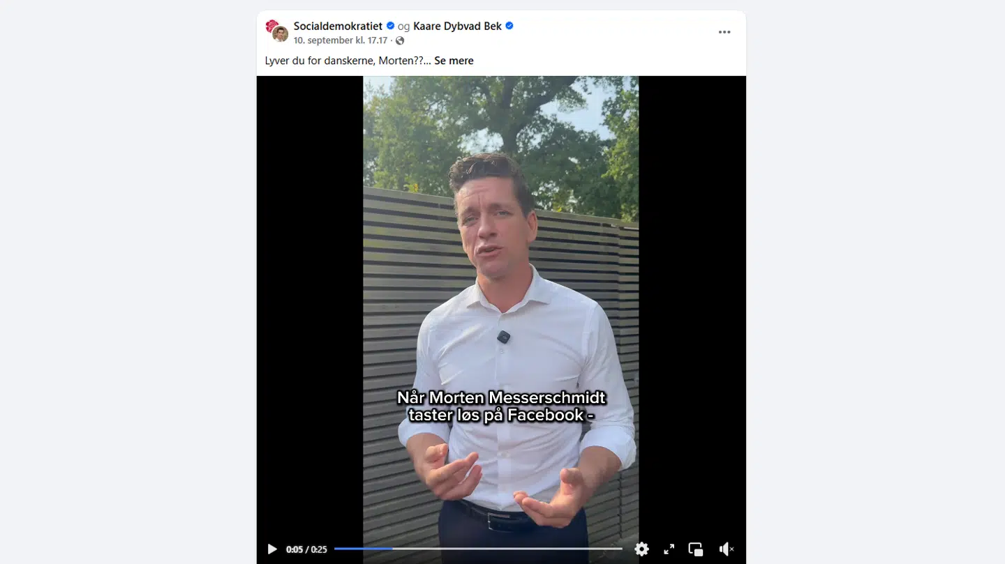 Her ses minister for flygtninge, indvandrere og integration, Kaare Dybvad Bek (S) udtale sig om DF-formand, Morten Messerschmidt, på Socialdemokratiets Facebookprofil.