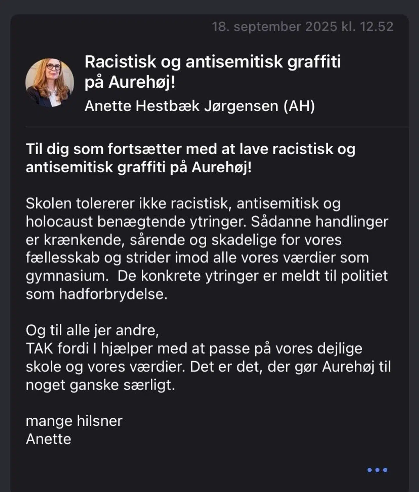 Her ses den opfølgende besked fra rektoren på Aurehøj Gymnasium, Anette Hestbæk Jørgensen.