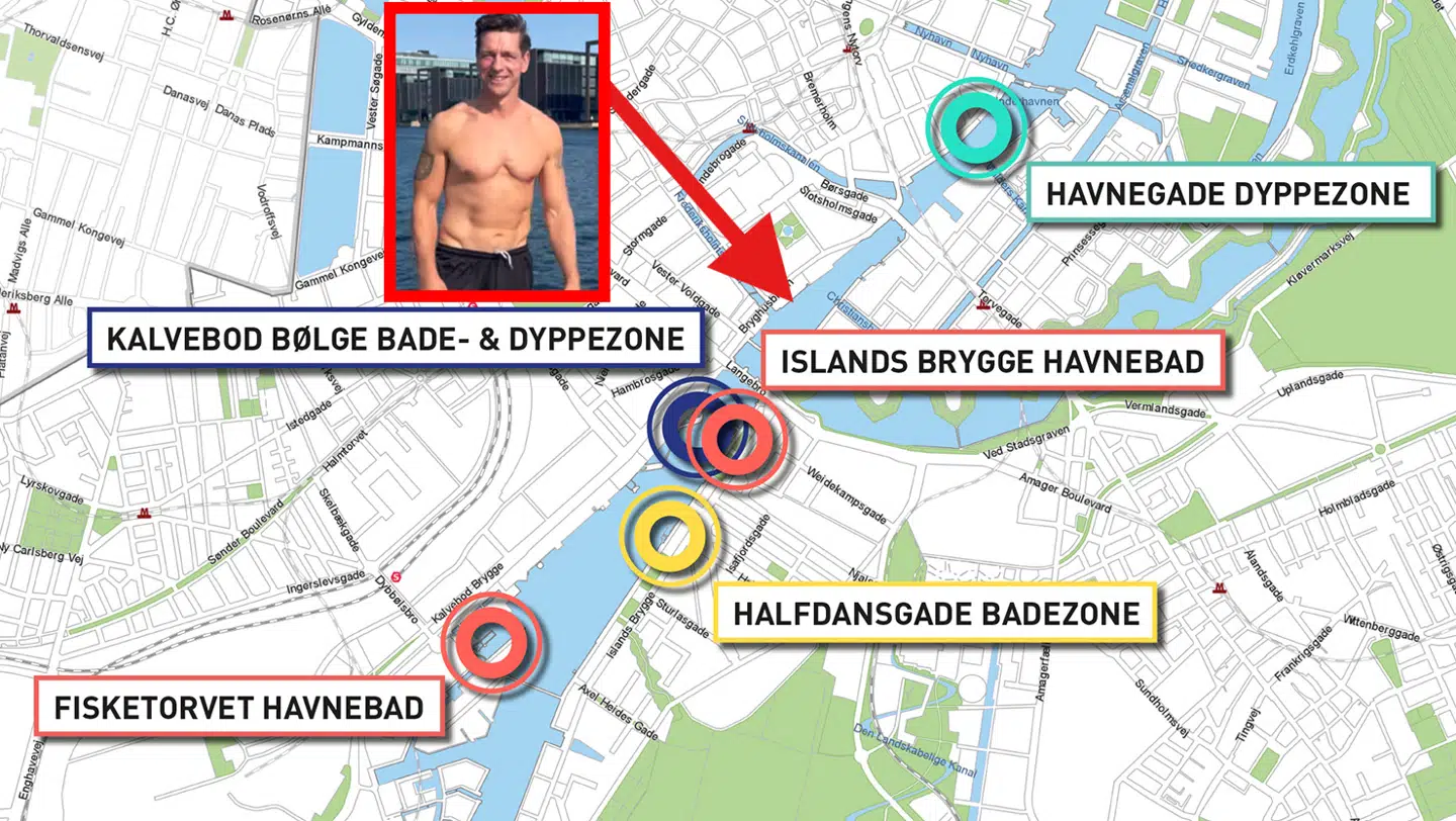 Her ses de forskellige badezoner i Københavns Havn, samt hvor udlændinge- og integrationsminister Kaare Dybvad Bek (S) valgte at springe i vandet.