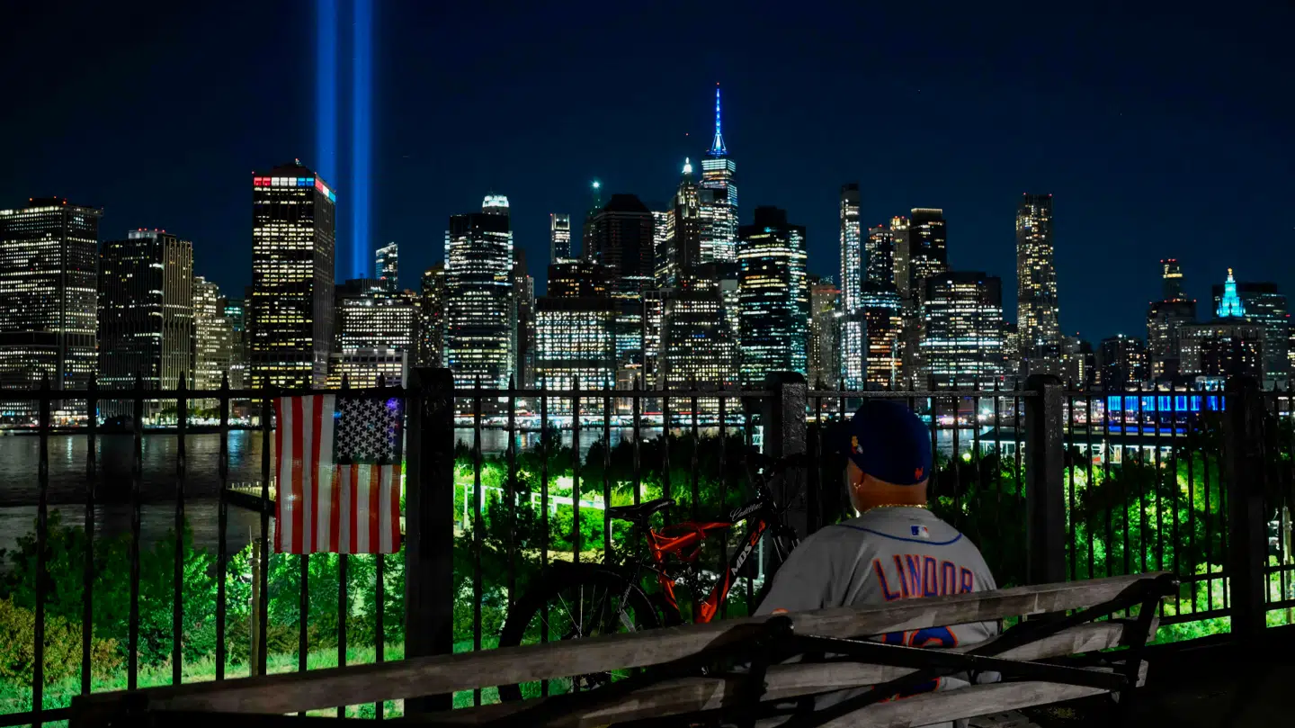 "Tribute in Light" to honor the victims of 9/11 illuminated above the skyline of Manhattan on September 11, 2025 in New York City. New York on Thursday marked the devastating attacks of September 11, 2001, 24 years after the plane hijackings that claimed almost 3, 000 lives and forever changed the United States. (Photo by ANGELA WEISS / AFP)