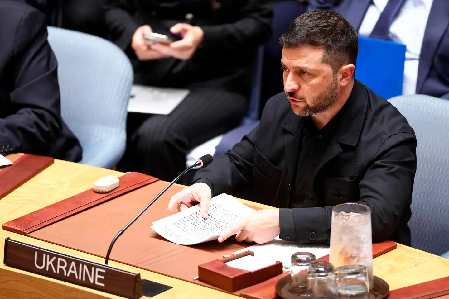 Den ukrainske præsident, Volodymyr Zelenskyj, ses under sin tale til FNs Sikkerhedsråd i New York.