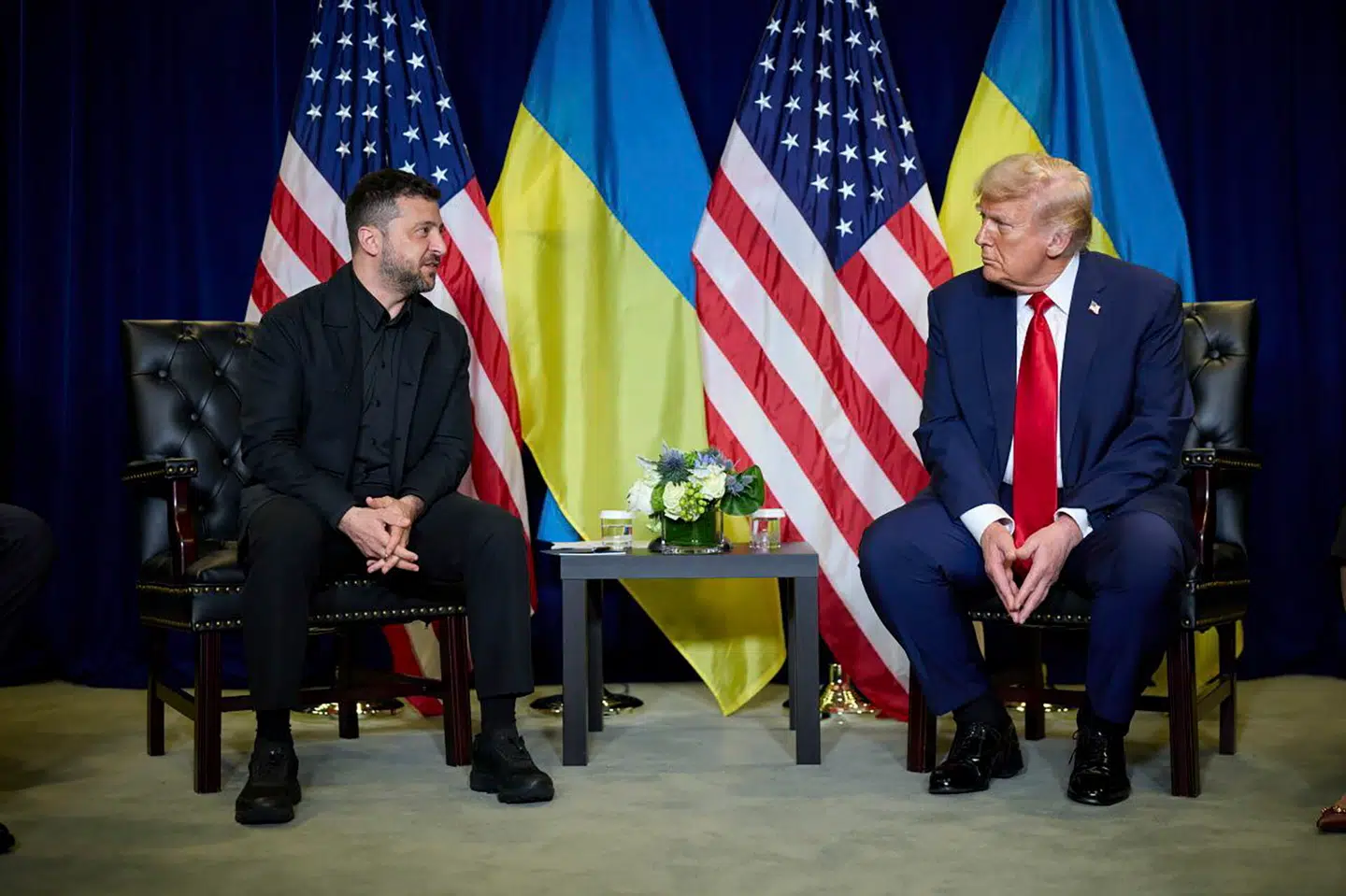 Donald Trump og Volodymyr Zelenskyj under deres møde i går. Foto: Presidential Press, Scanpix