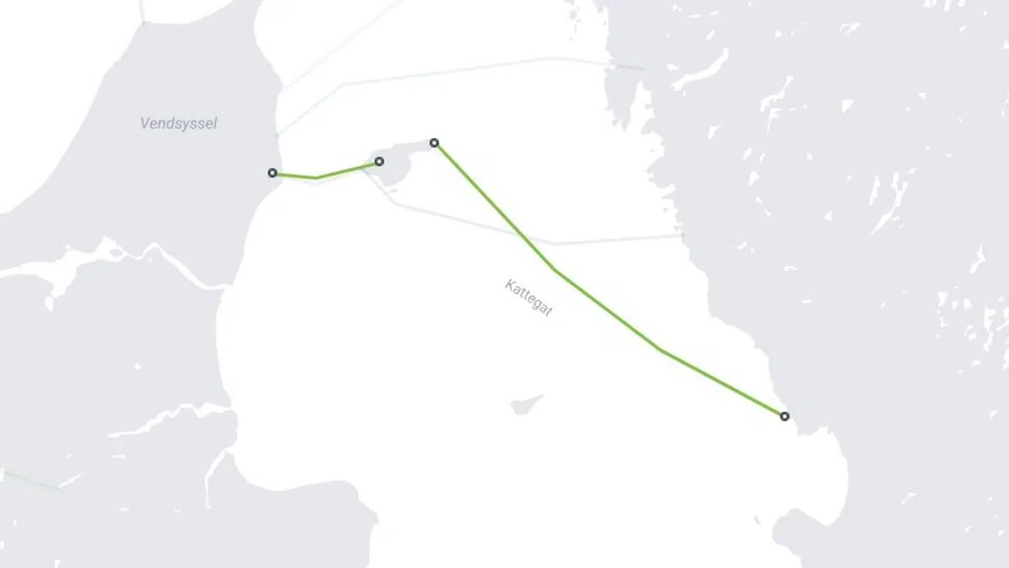 Kattegat 2-kablets kurs fra Læsø til Sverige. Kablet ligger meget tæt på det område, hvor Astrol-1-skibet sagtnede farten søndag.