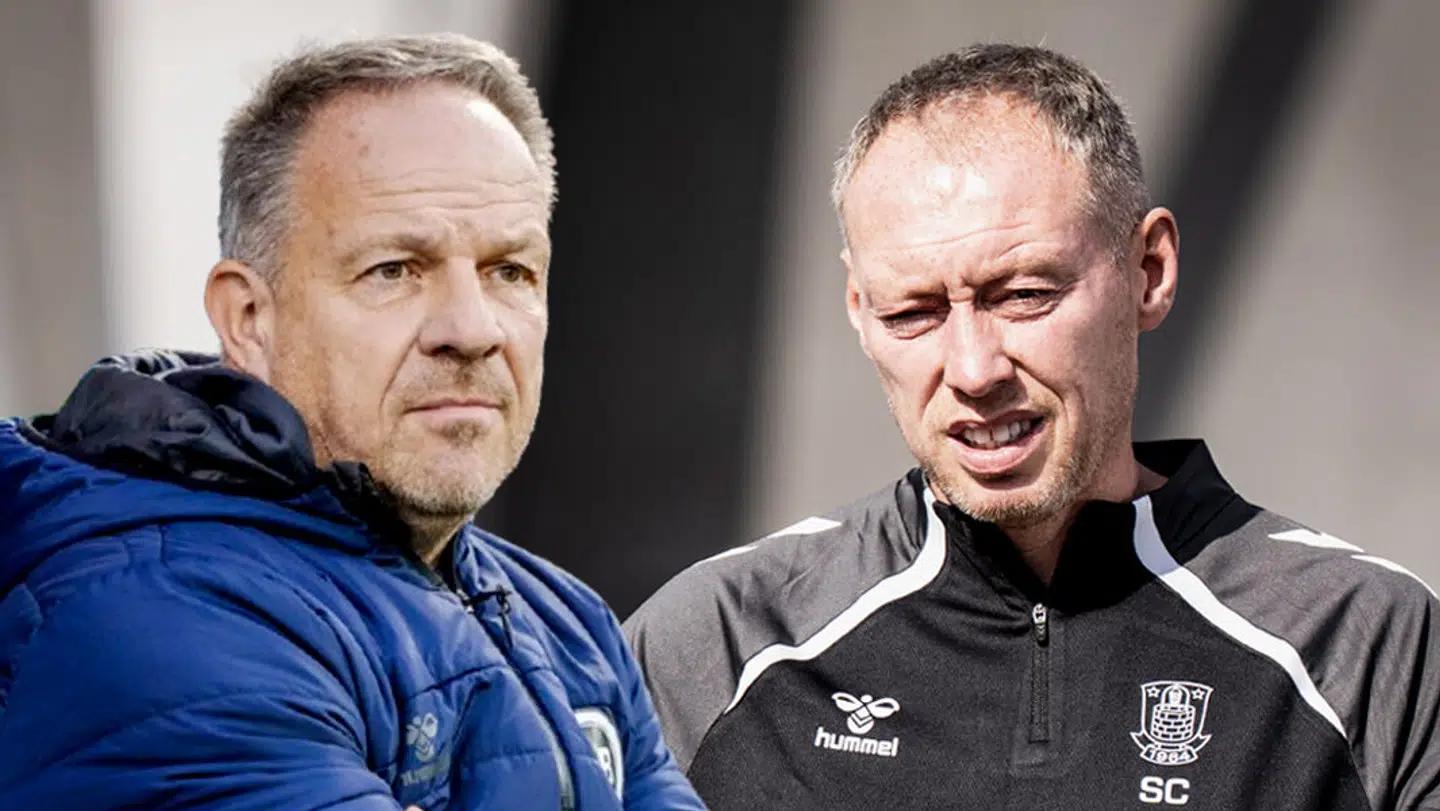 OBs cheftræner Alexander Zorniger og Brøndbys cheftræner Steve Cooper (th.)