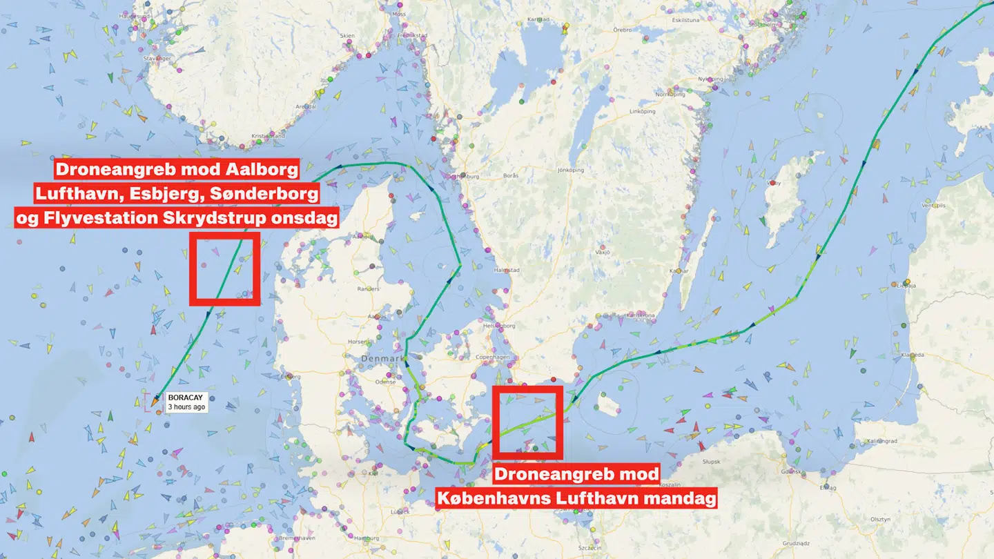 'Pushpa's rute gennem dansk farvand. De to firkanter viser, hvor skibet lå, da hændelserne i henholdsvis København og Jylland fandt sted.