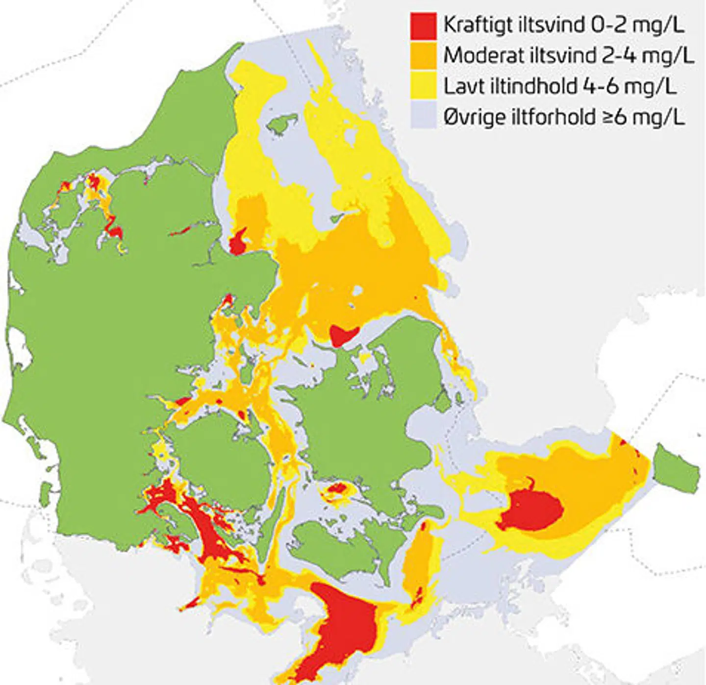 DTU's kort over iltsvindet i de danske farvande.