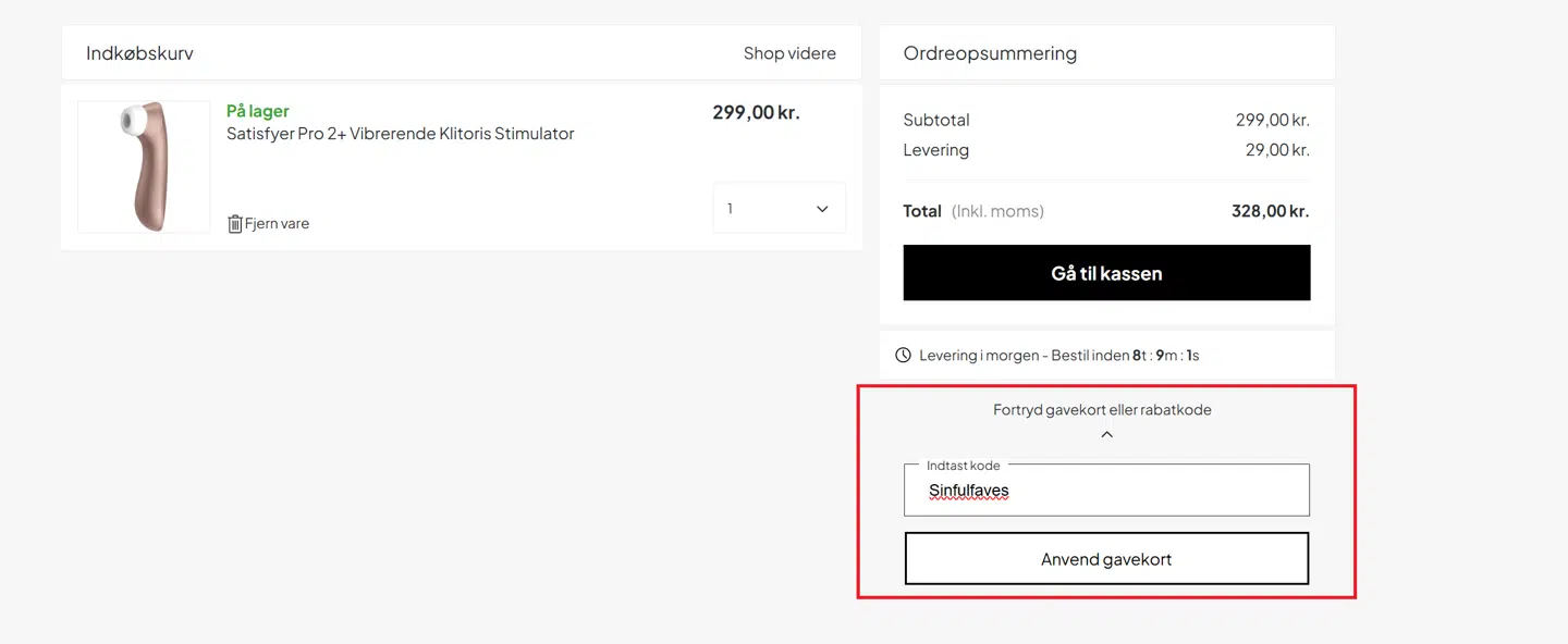 Når du er kommet til indkøbskurven hos Sinful, skal du trykke på "Indløs gavekort" og skrive Sinfulfaves i feltet. Husk at rabatten kun gælder til Sinfuls egne produkter og kun til midnat