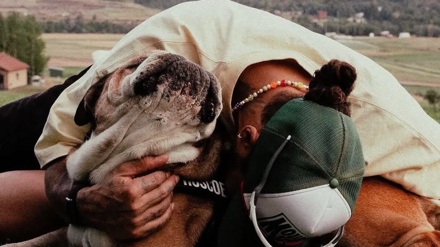 Lewis Hamilton med sin hund Roscoe.