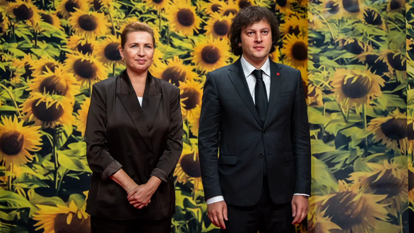 Danmarks statsminister Mette Frederiksen byder velkommen til Georgiens premierminister Irakli Kobakhidze. Det møder dog hård kritik i Georgien.
