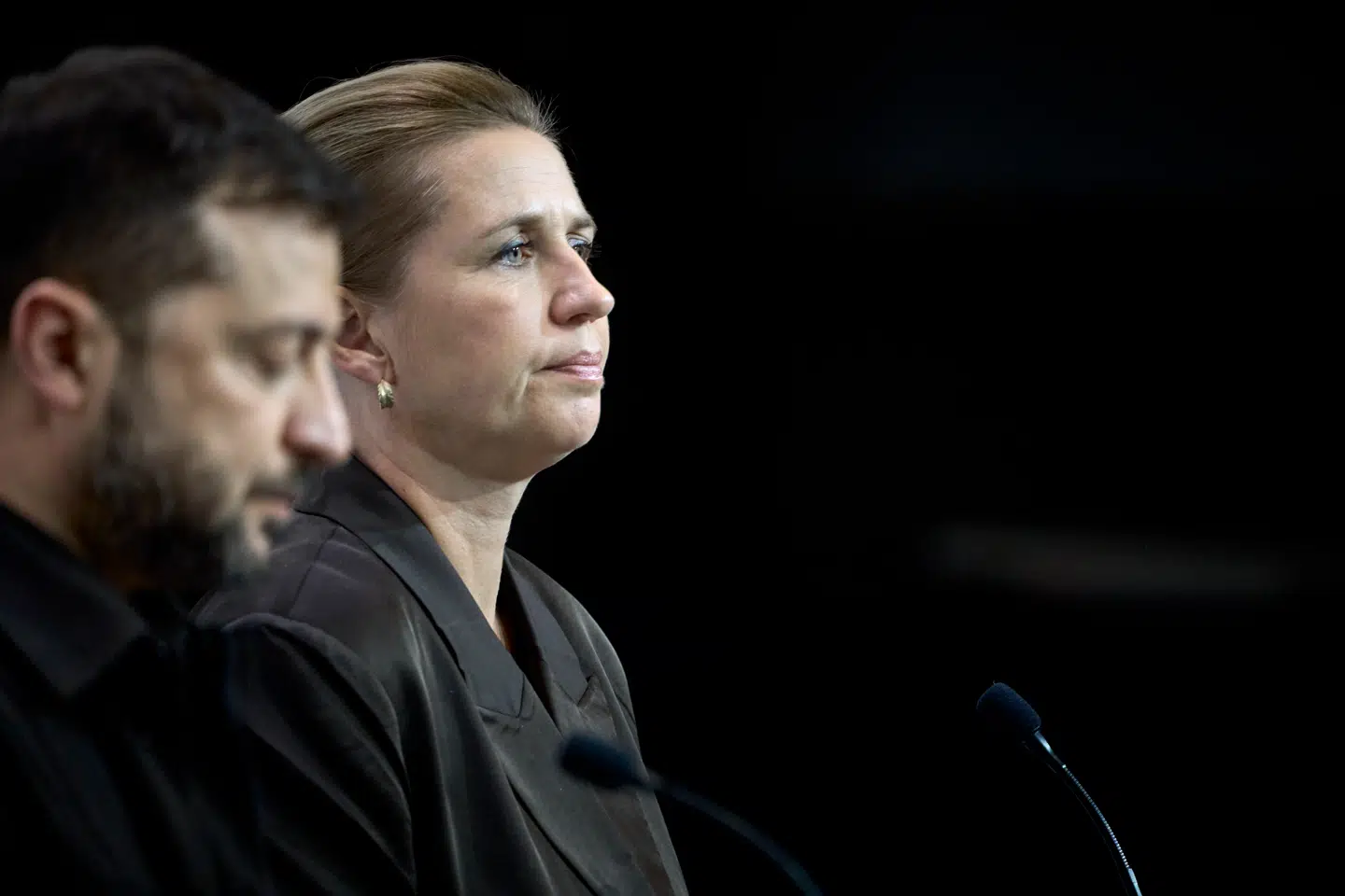 Ukraines præsident, Volodymyr Zelenskyj, og Danmarks statsminister, Mette Frederiksen, ved afsluttende pressemøde.