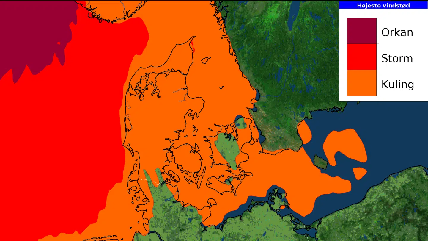 Til midnat er hele landet, med undtagelse af dele af Sjælland, ramt af kuling.