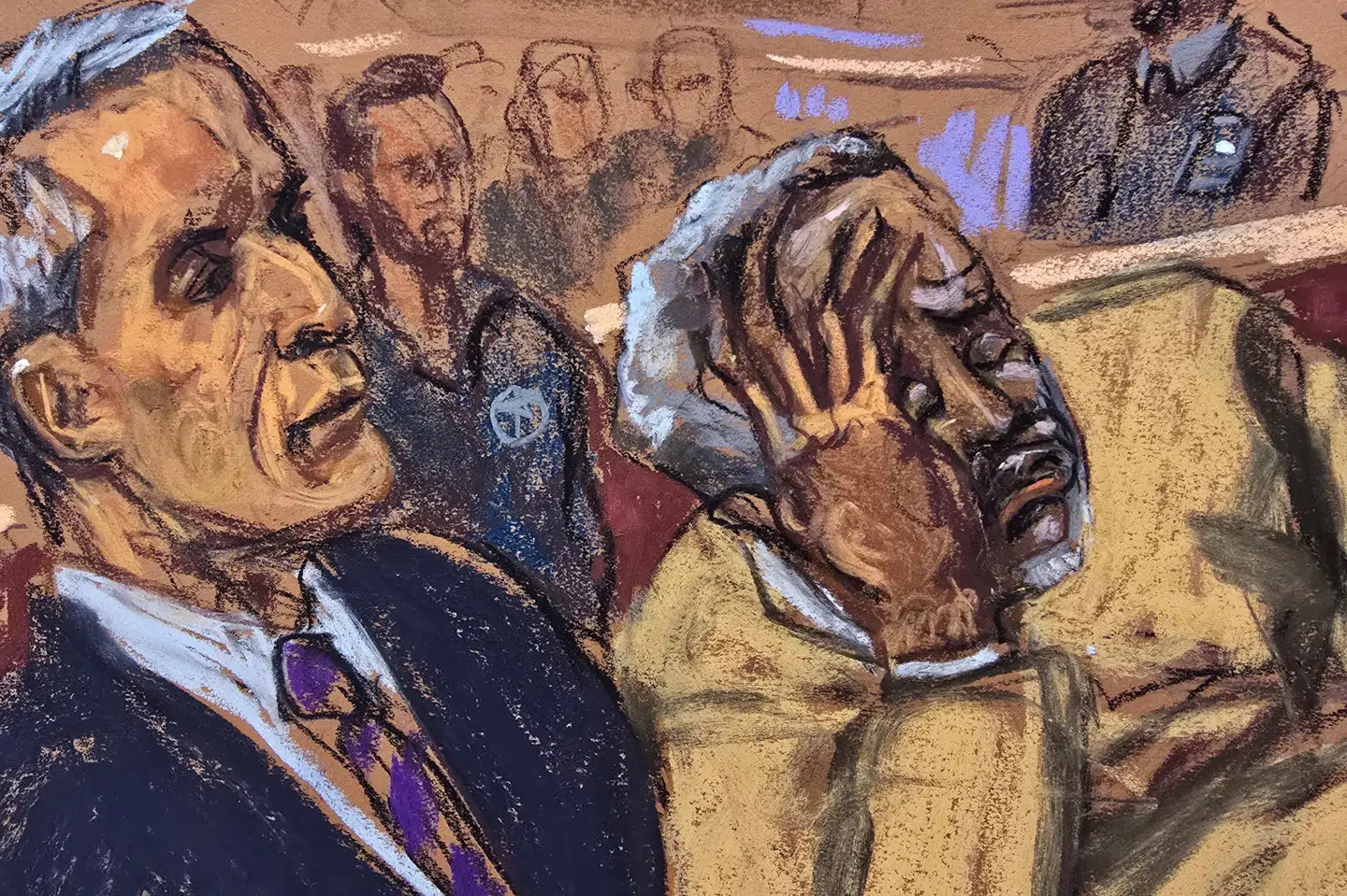 Det var forbudt at fotografere i retssalen, men en tegner har gengivet "Diddys" reaktion på en video, der blev vist i retten. (Arkivfoto).