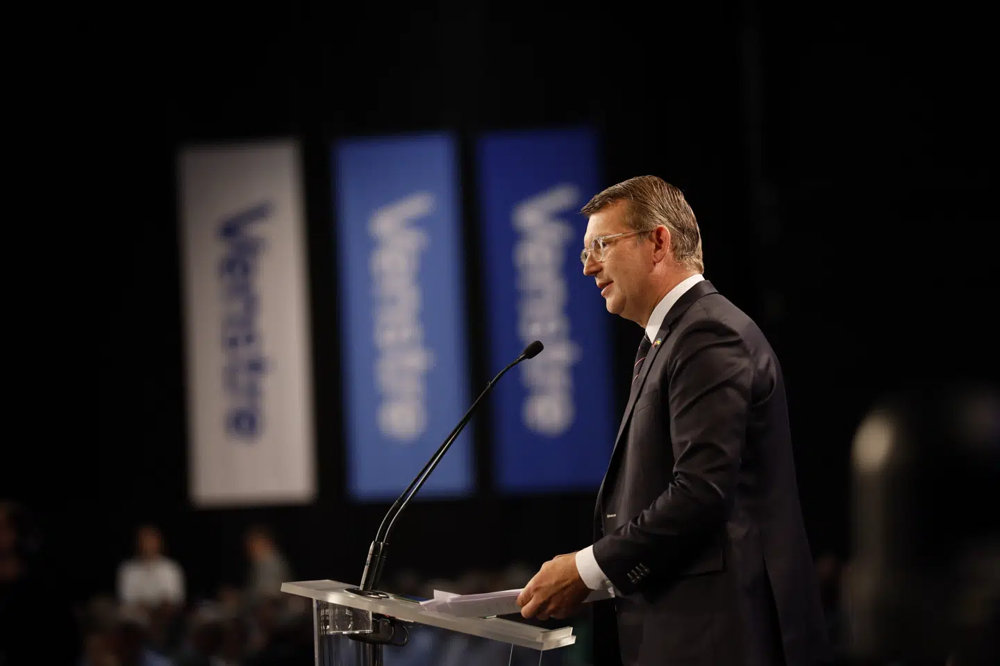 Venstre-formand Troels Lund Poulsen holder sin tale på Venstres landsmøde lørdag i Odense.