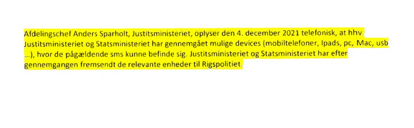 Et kort referat nedfældet i en mail om en telefonsamtale lørdag. 4. december 2021 mellem Justitsministeriet og FE's ledelse. Her blev IT-specialistens forslag til metode skudt ned med et argument om, at ministerierne selv havde gjort det, der blev foreslået. Dermed fik FE's specialister aldrig lov til at interviewe IT-ansvarlige i ministerierne for at finde nye metoder eller lov til selv at undersøge computere og macs.