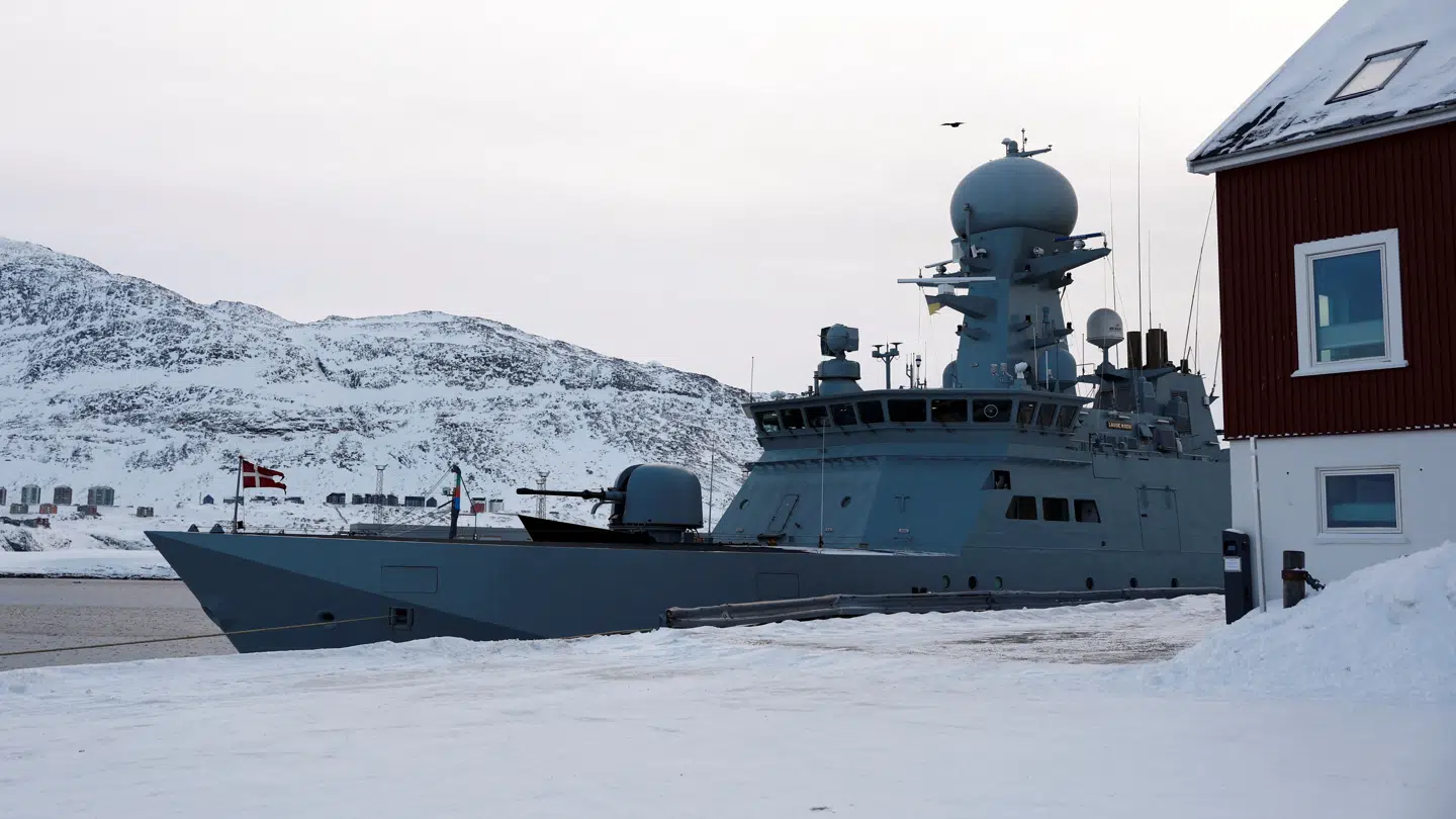 A view shows the Danish military vessel P572 Lauge Koch moored in the Nuuk port, Greenland, February 8, 2025. REUTERS/Sarah Meyssonnier