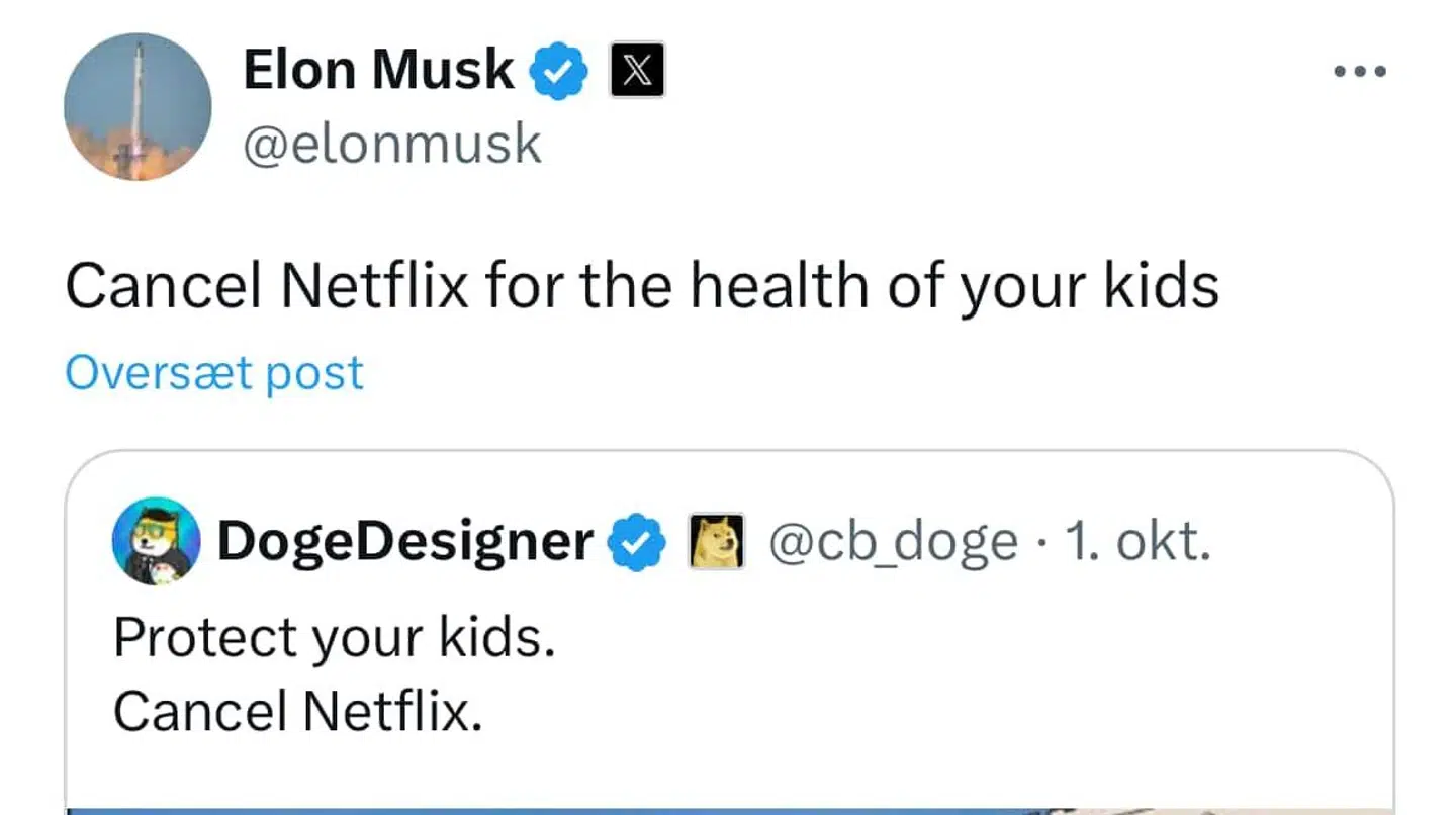 Elon Musk og højreorienterede profiler på X har den seneste uge delt opslag, der kritiserer Netflix.