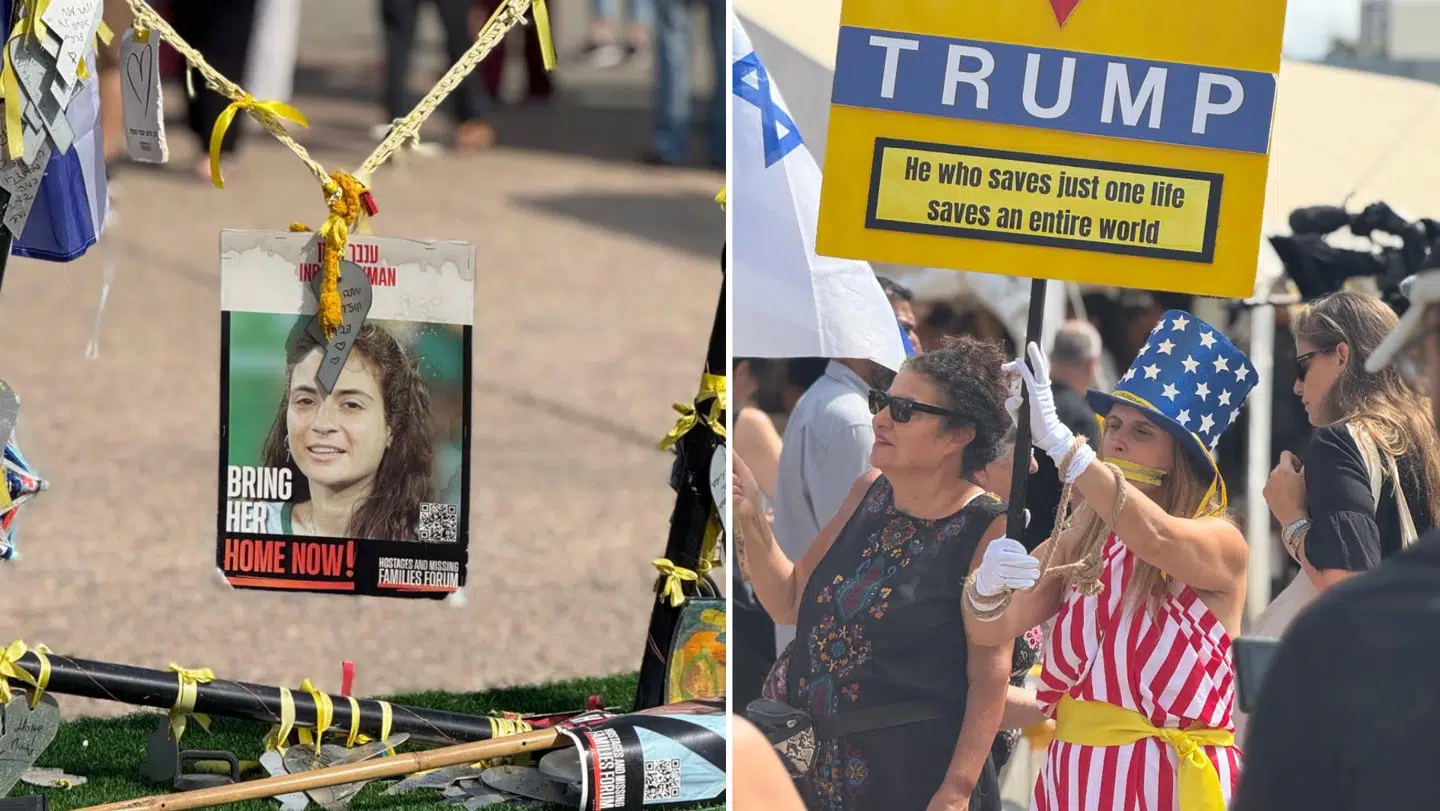 Israelere på 'Hostages Square' i Tel Aviv, der fejrer, at de resterende 48 israelske gidsler skal frigives. Mange af dem takker også den amerikanske præsident, Donald Trump-
