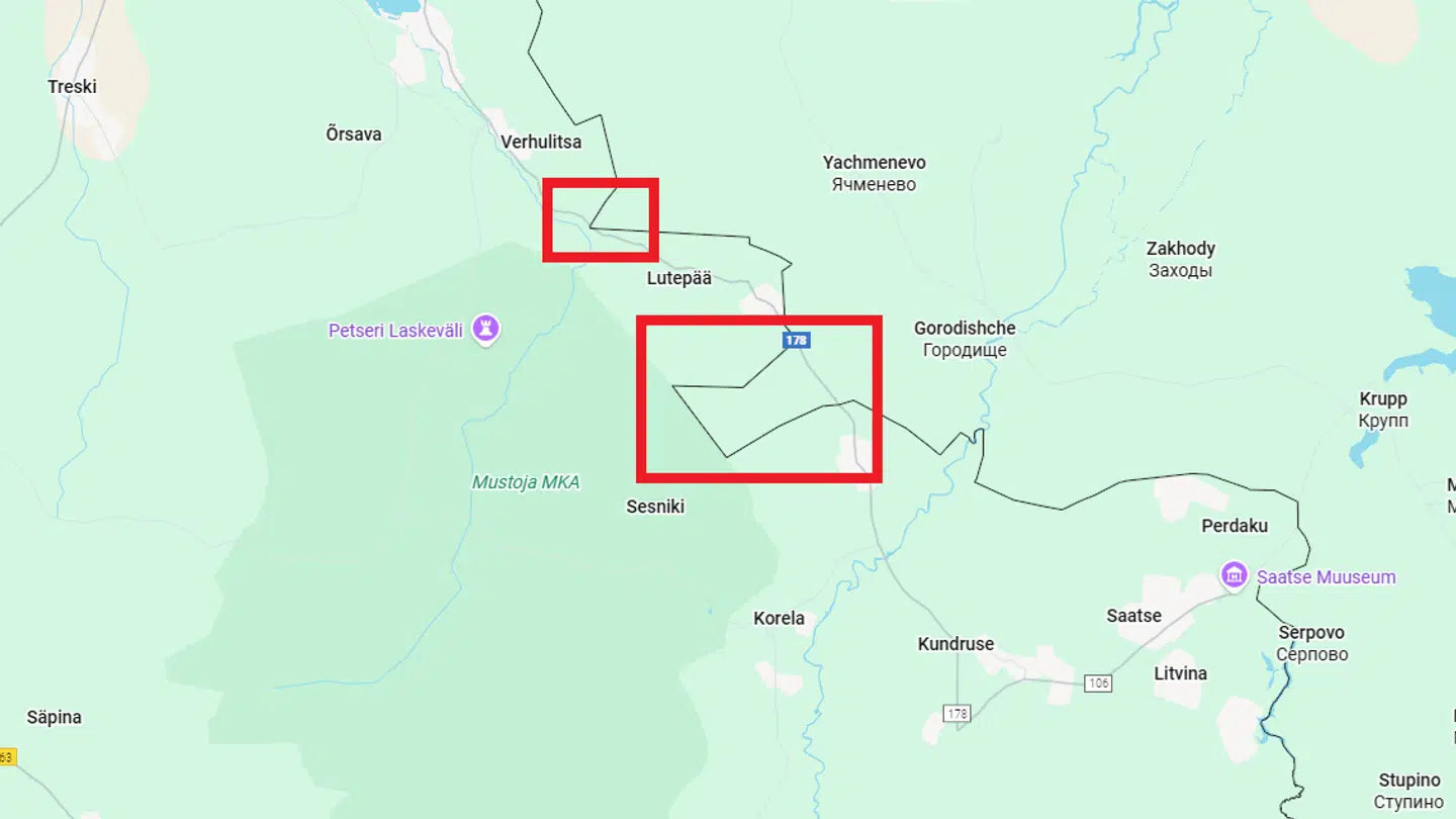 Estlands rute 178 kører mellem de estiske landsbyer Lutepää og Sesniki, og passerer to gange gennem russisk territorium i henholdsvis 30 meter og en kilometer. Det er ved den store markering, at grænseovergangen nu er lukket.