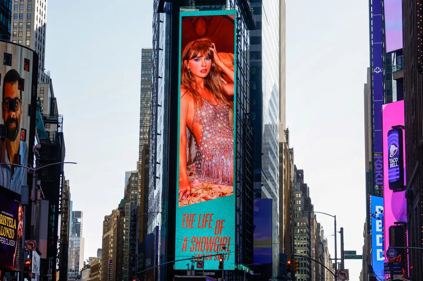 FILE PHOTO: A billboard advertises Taylor Swift's new album "The Life of a Showgirl" in Times Square in New York City, U.S., October 3, 2025. REUTERS/Kylie Cooper/File Photo