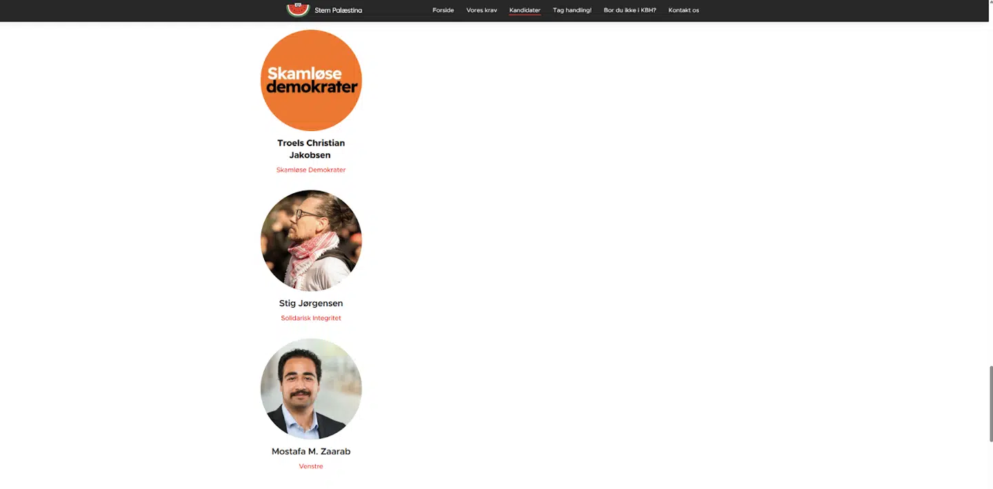 Her ses Mostafa M. Zaarab på »Stem Palæstina«-kampagnens hjemmeside inden B.T.s henvendelser. Screenshot taget tirsdag den 14. oktober.