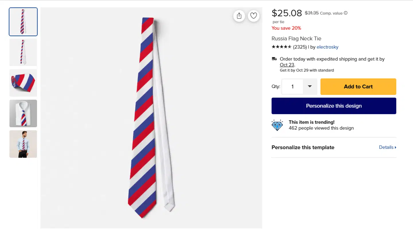 Her ses et lignende slips med teksten 'Russia Flag Neck Tie'.