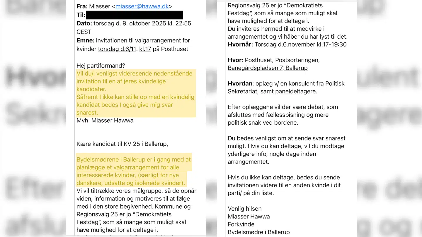 Mails afslører, at mandlige kommunalvalgskandidat bliver ekskluderet fra et vælgermøde i Ballerup arrangementet af en politiker fra Radikale Venstre.