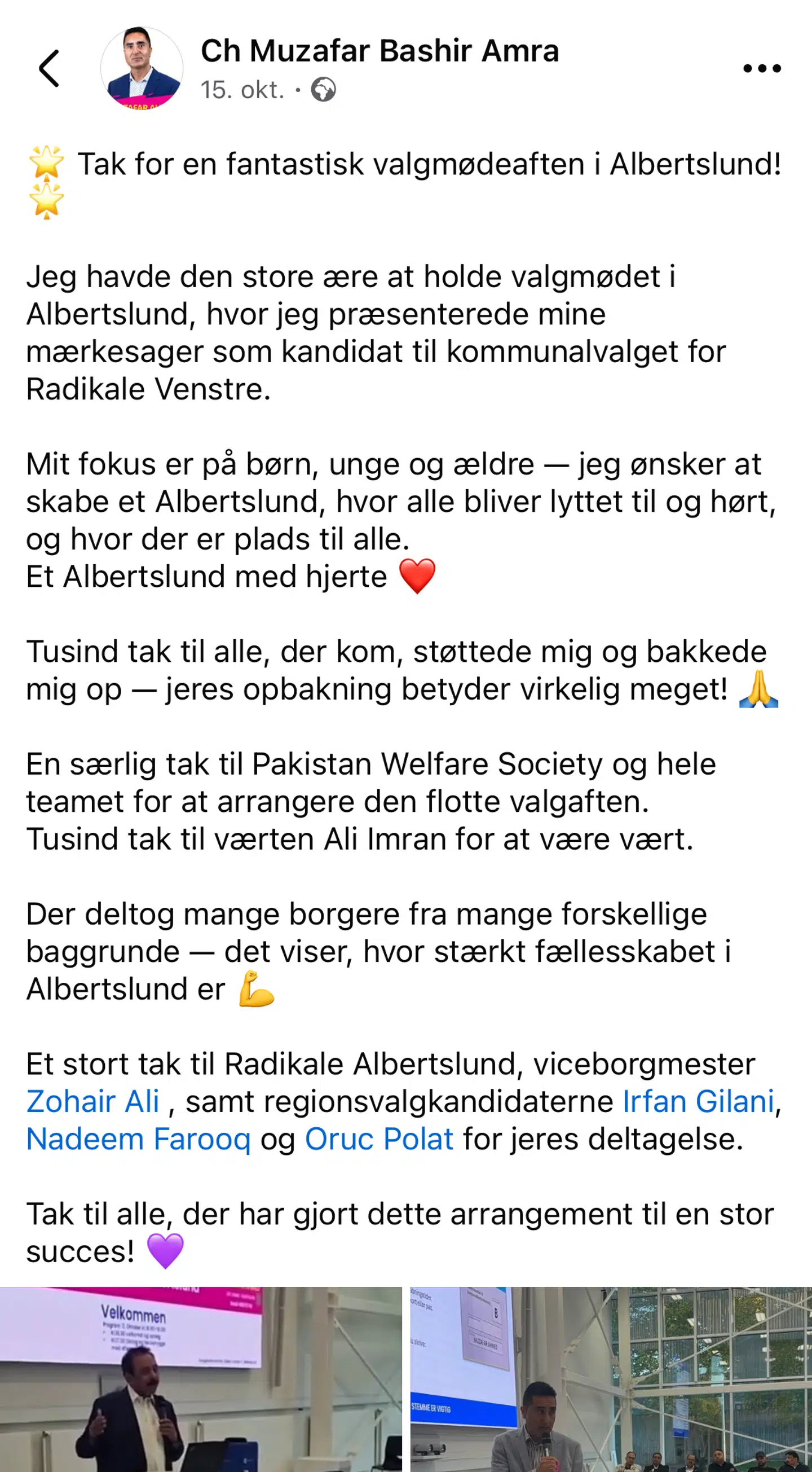 RV-politikeren delte med stor begejstring vælgermødet på sin Facebookprofil. I dag er opslaget dog slettet.