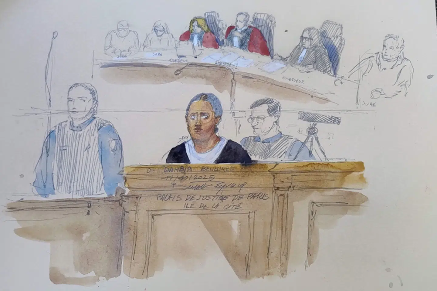 En tegning viser Dahbia Benkired under retssagen.