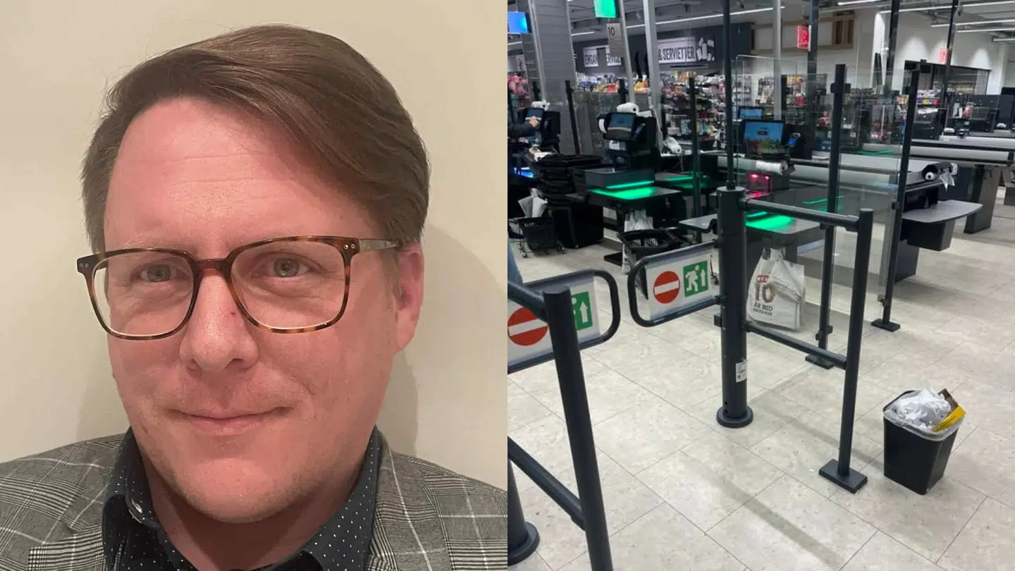 Mark Olesen Jensen er bekymret for kulturen, efter at scan-selv-kasser er flyttet ind i Meny Nordens Plads på Frederiksberg i København.