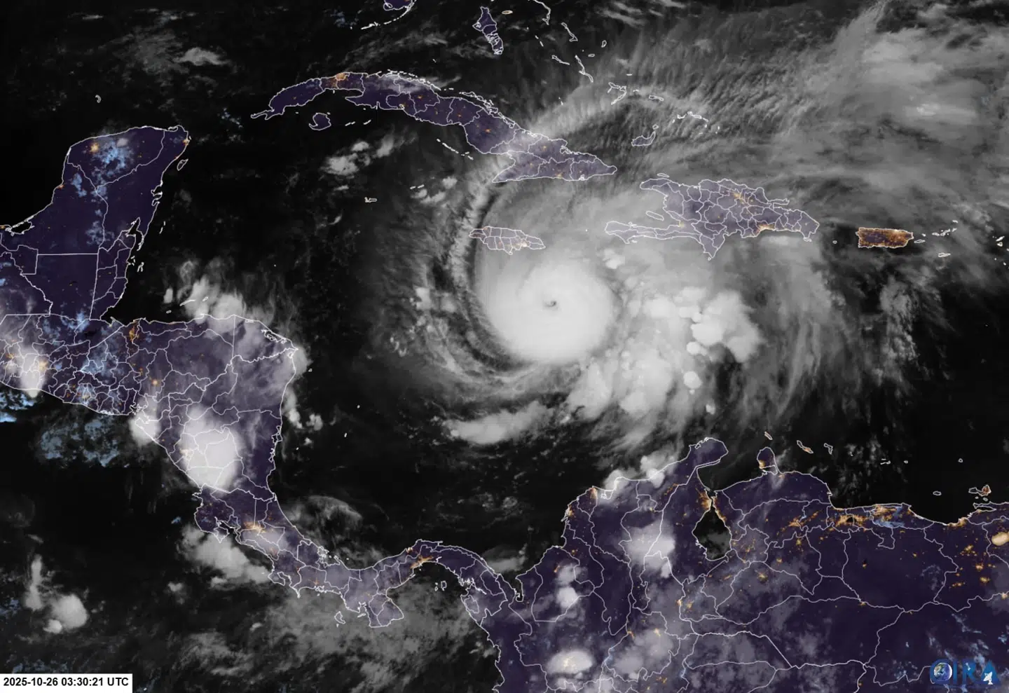 Her ses orkanen Melissa på satellitfoto sydøst for Jamaica kl. 03.30 26. oktober.