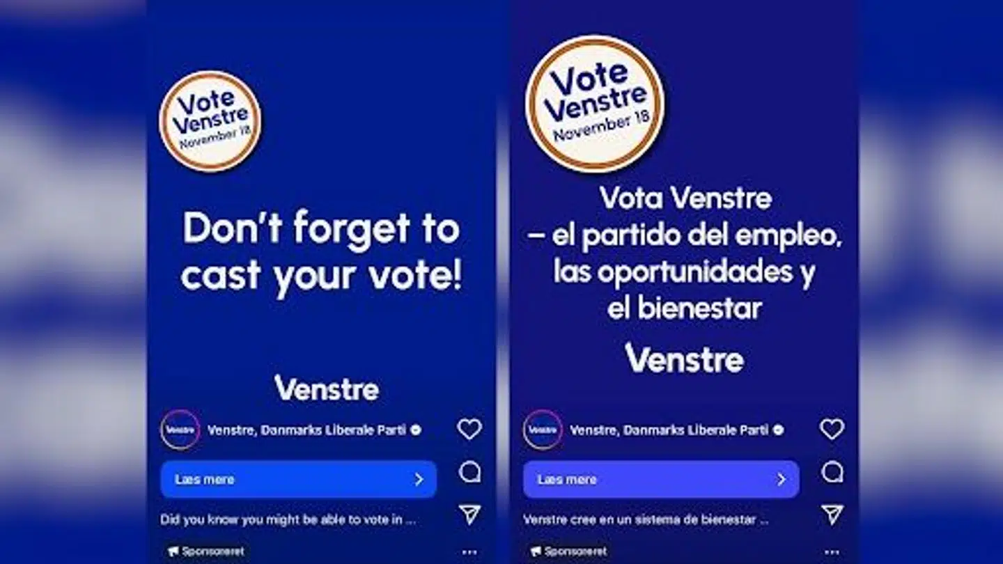 Her ses hvordan Venstre fører valgkamp på andre sprog end dansk på det sociale medie Instagram.