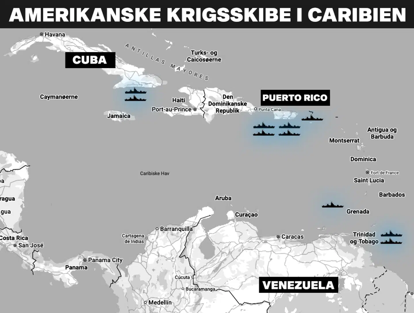 Amerikanske flådeskibe i Caribien 23. oktober. På det tidspunkt var USS Gerald Ford-hangarskibet med sin konvoj endnu på vej. Kilde: BBC.