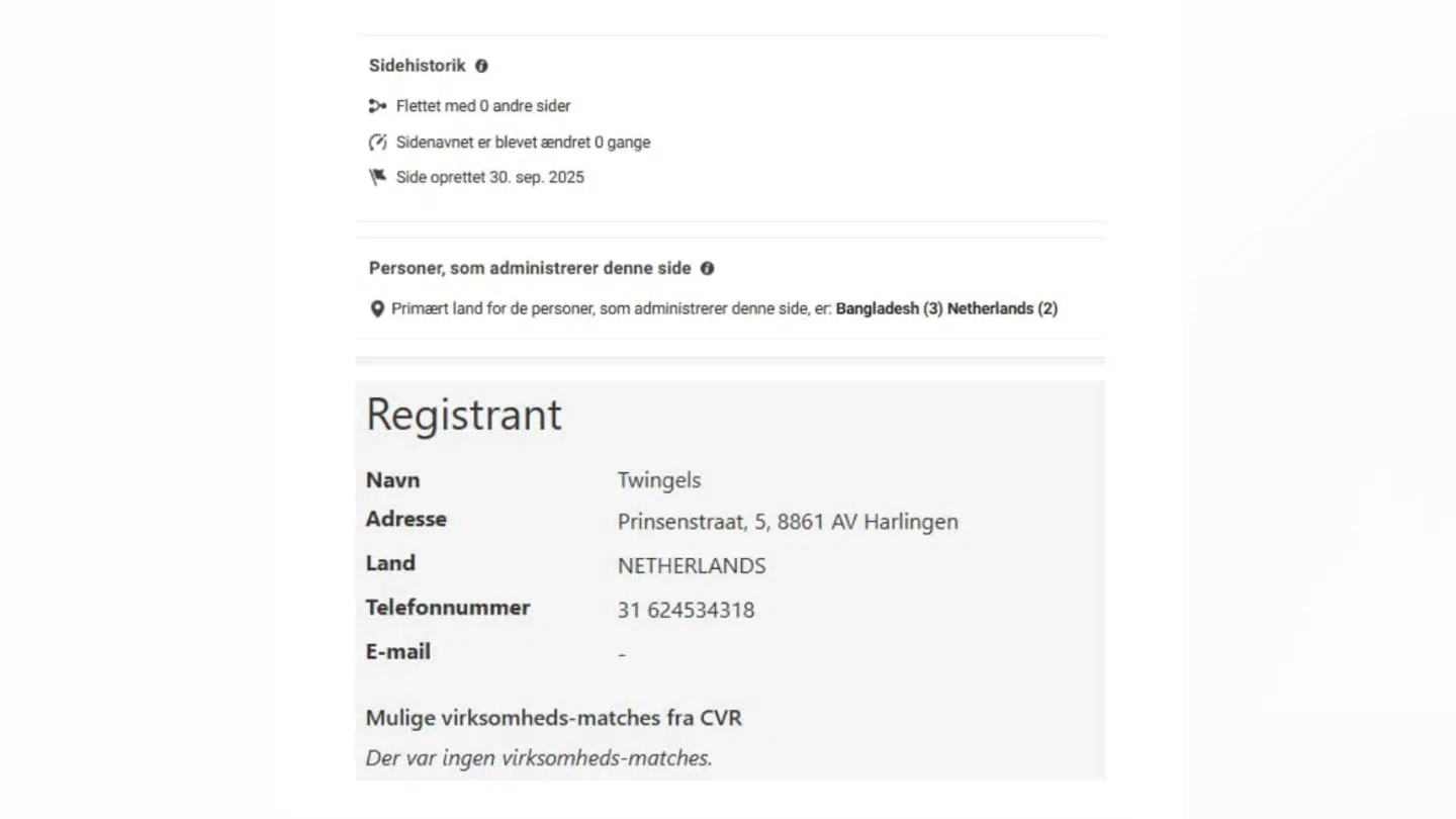 Her ses hjemmesidens Facebook- og domæneoplysninger