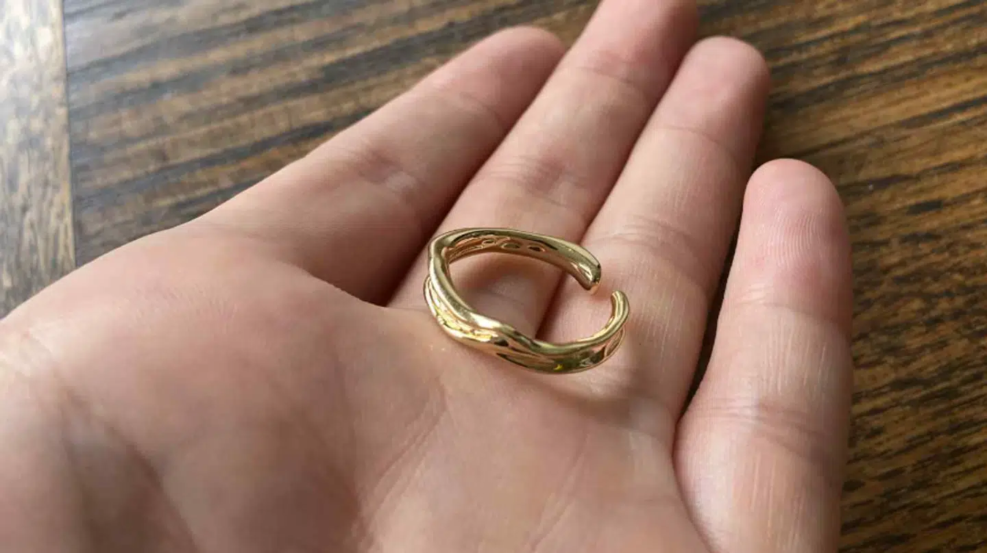 Ringen som Sasia modtog, efter mere end en måneds ventetid. Vi har på B.T. undersøgt sagen nærmere, og fundet en tilsvarende ring på den kinesiske hjemmeside TEMU, til 8,10 kroner.