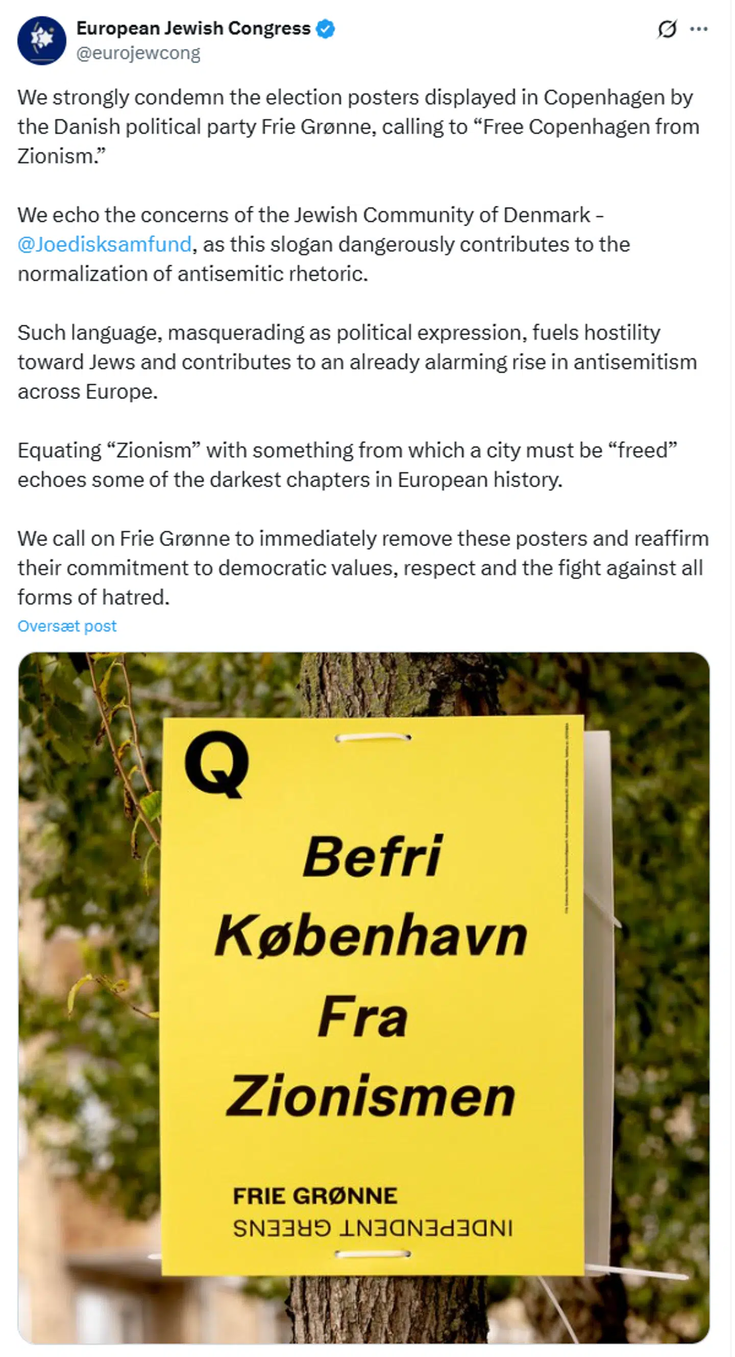 Her ses den fulde erklæring Den Europæiske Jødiske Kongres.