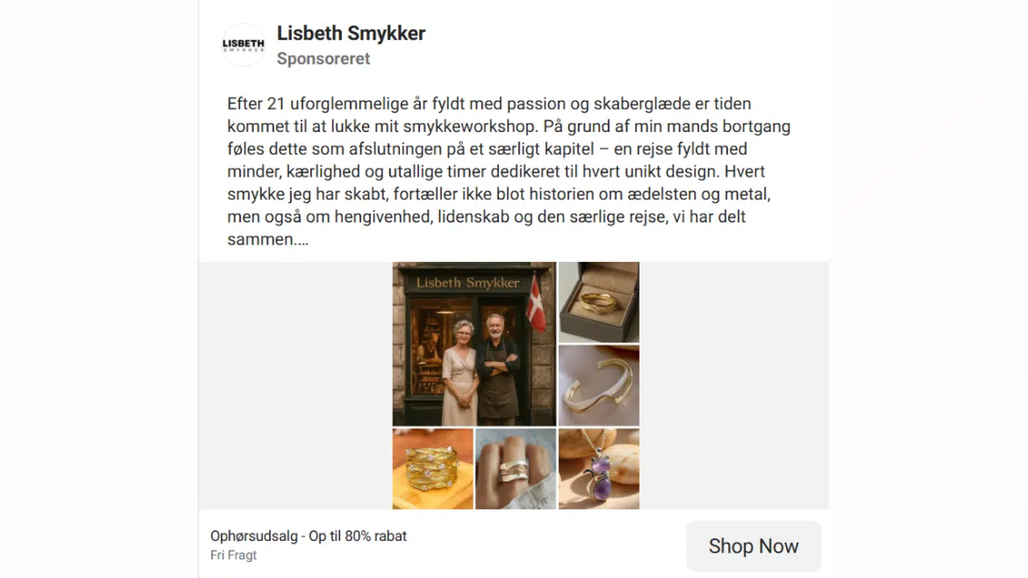 En annonce for Lisbethsmykker.dk på Facebook, der var med til at lokke Sasia i fælden.