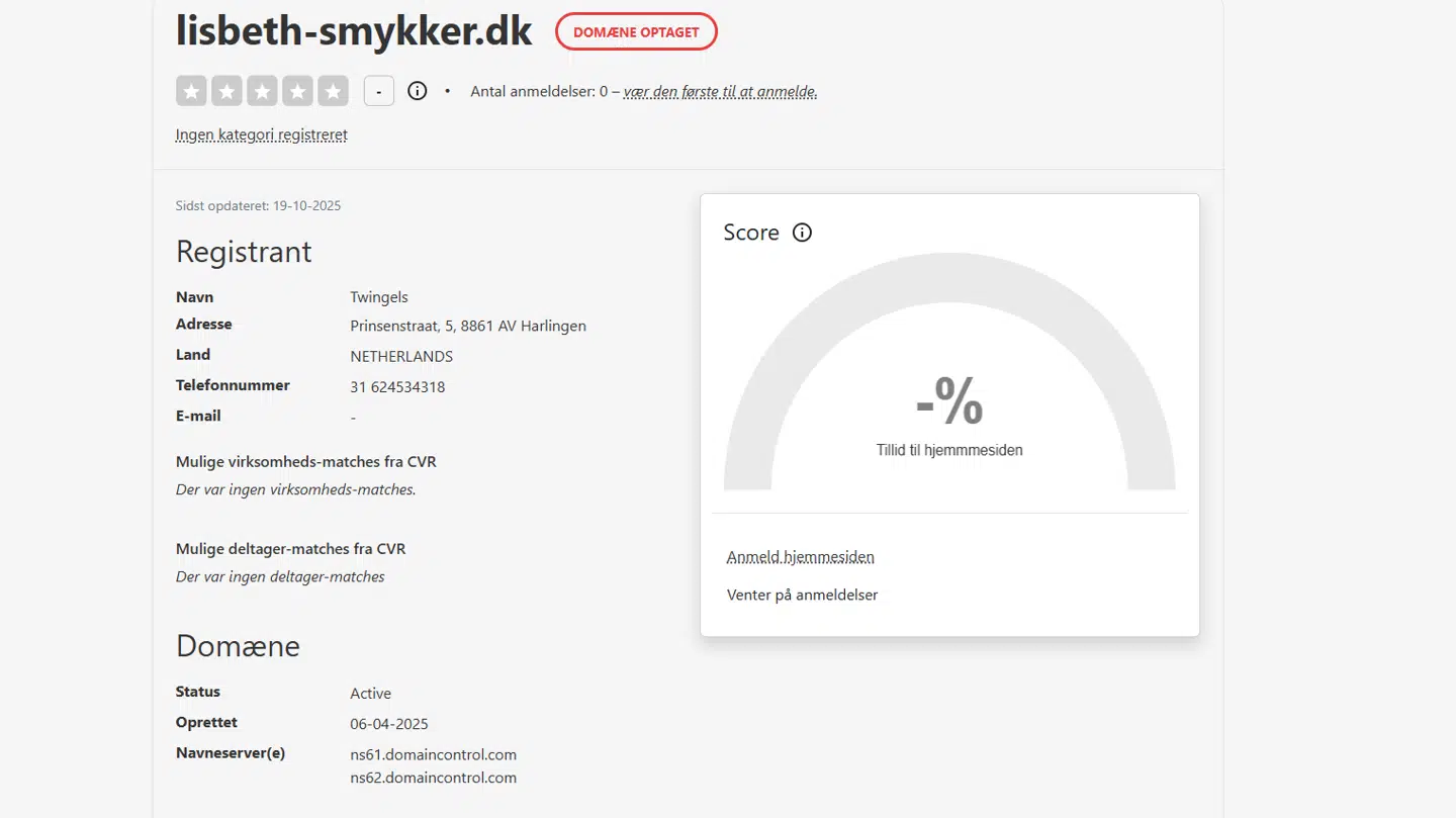 Domæneinformation fra smykkevirksomheden 'Lisbethsmykker.dk'. Her fremgår det at firmaet er etableret i Holland.