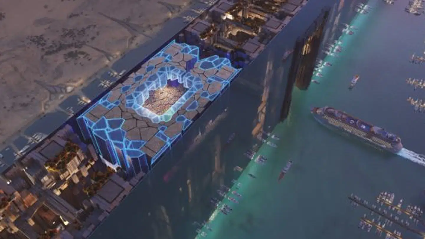 Dette stadion skal efter planerne ligge på The Line, som er et af Saudi-Arabiens største prestigeprojekter. Foto: PR