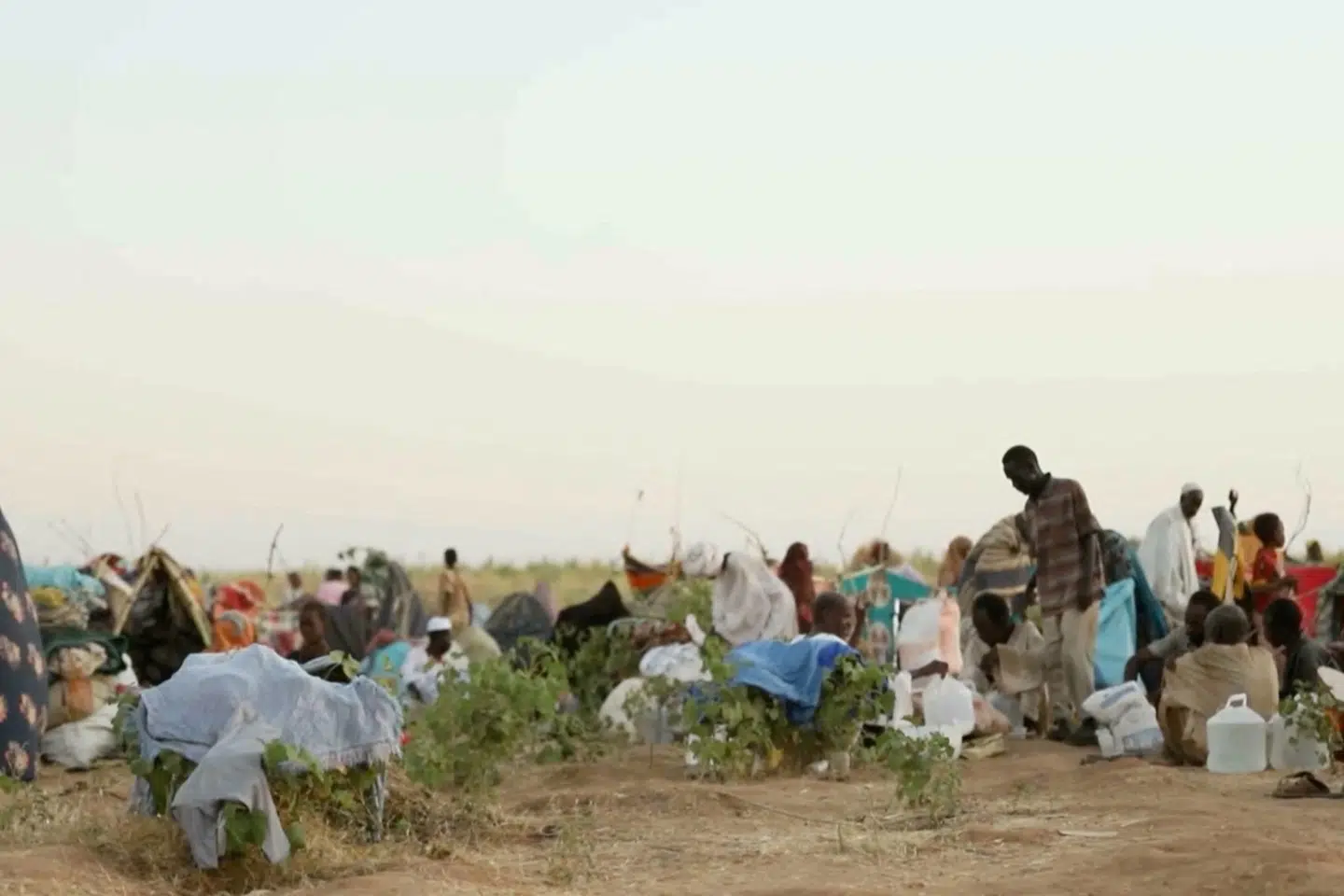 Fordrevne sudanere fra al-Fashir står ved midlertidige telte.