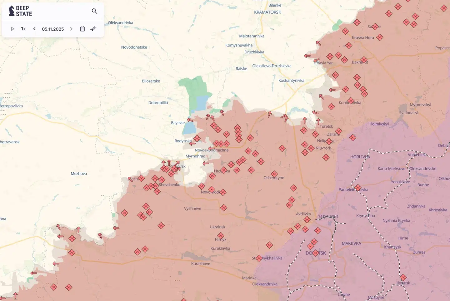 Situationen omkring Pokrovsk 5. november 2025. Byen er næsten omringet af russiske tropper.