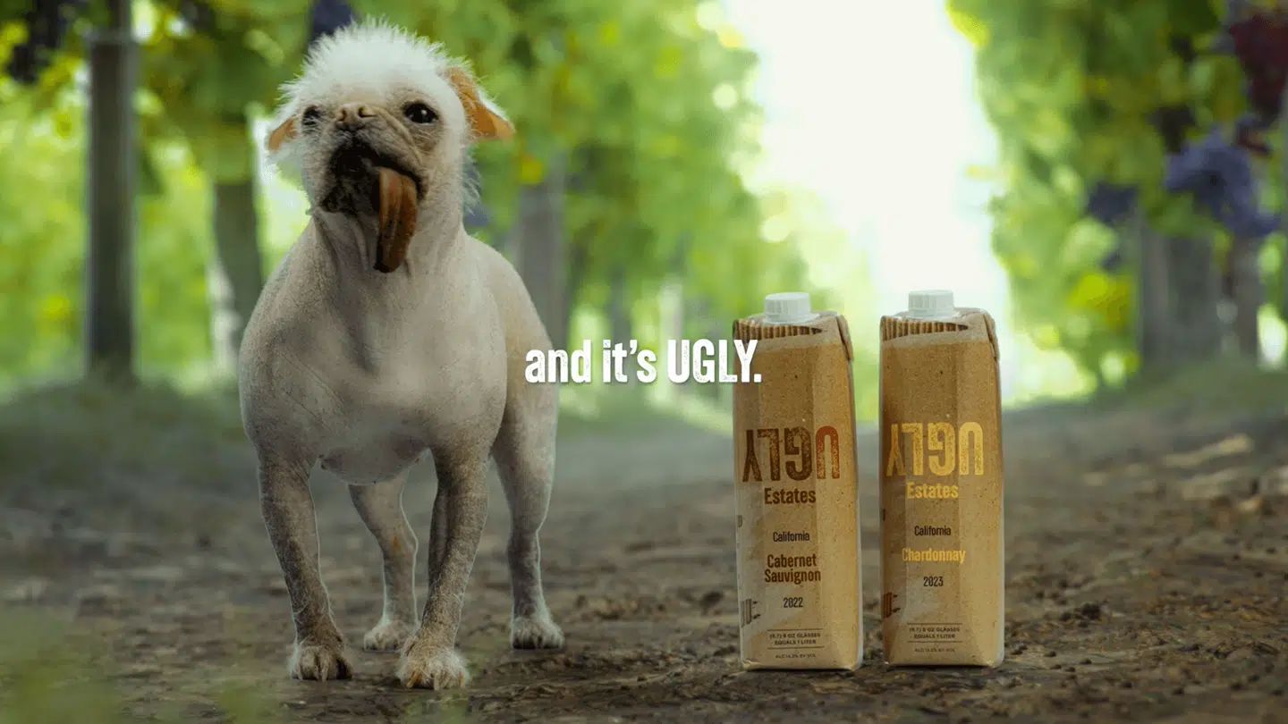 Ryan Reynolds har lanceret papvinsmærket Ugly Estates, der kun kan købes i staten Minnesota. Her er indbyggerne dog blevet vrede over hentydningen til, at de er det rette publikum til den selvproklameret 'usnobbede' vin. Foto: Ugly Estates / PR