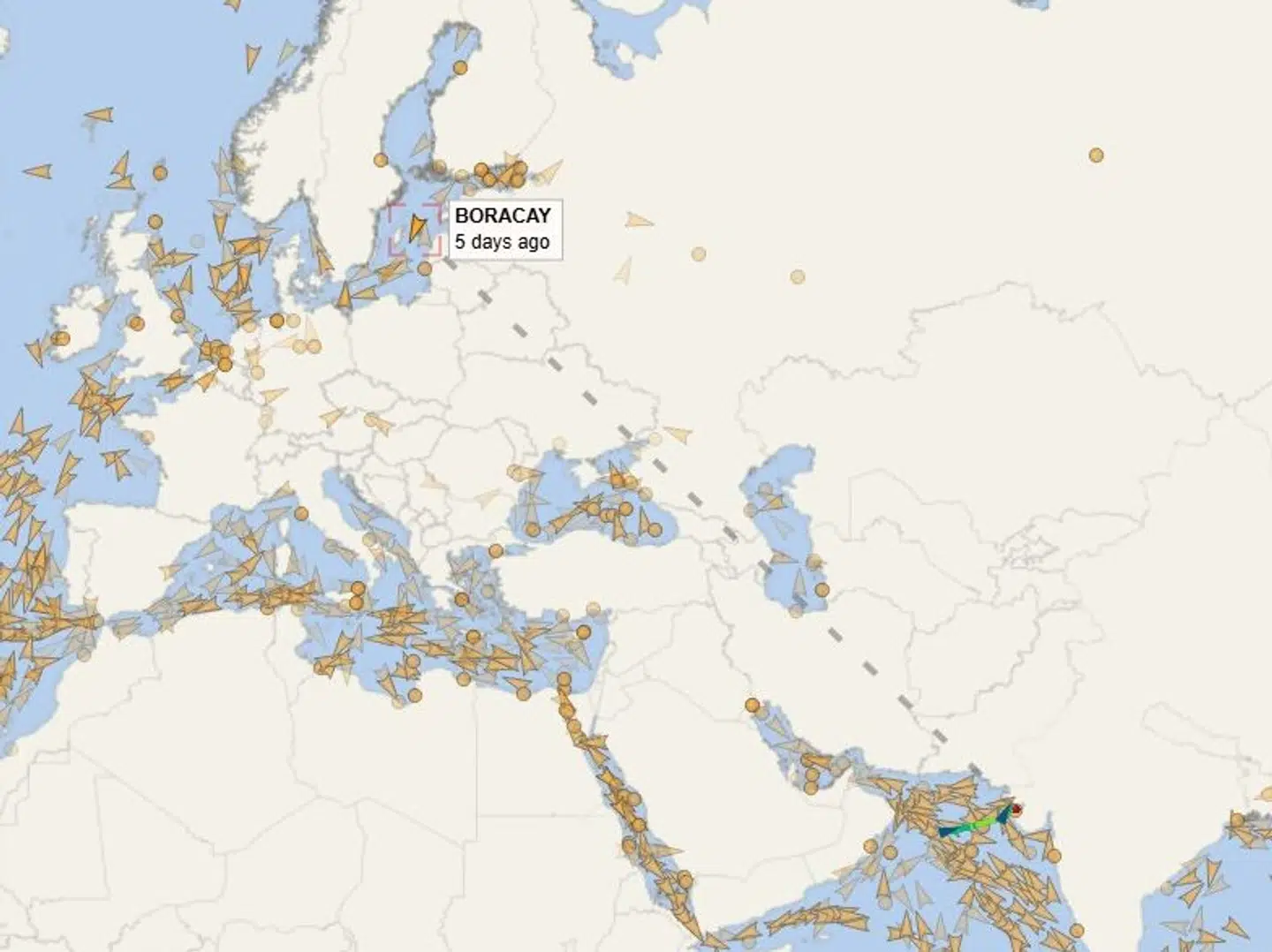 Pushpa eller Boracay ser ud til at befinde sig i Østersøen. Det stemmer dog ikke overens med, at skibet bør være ved det nordvestlige Indien.