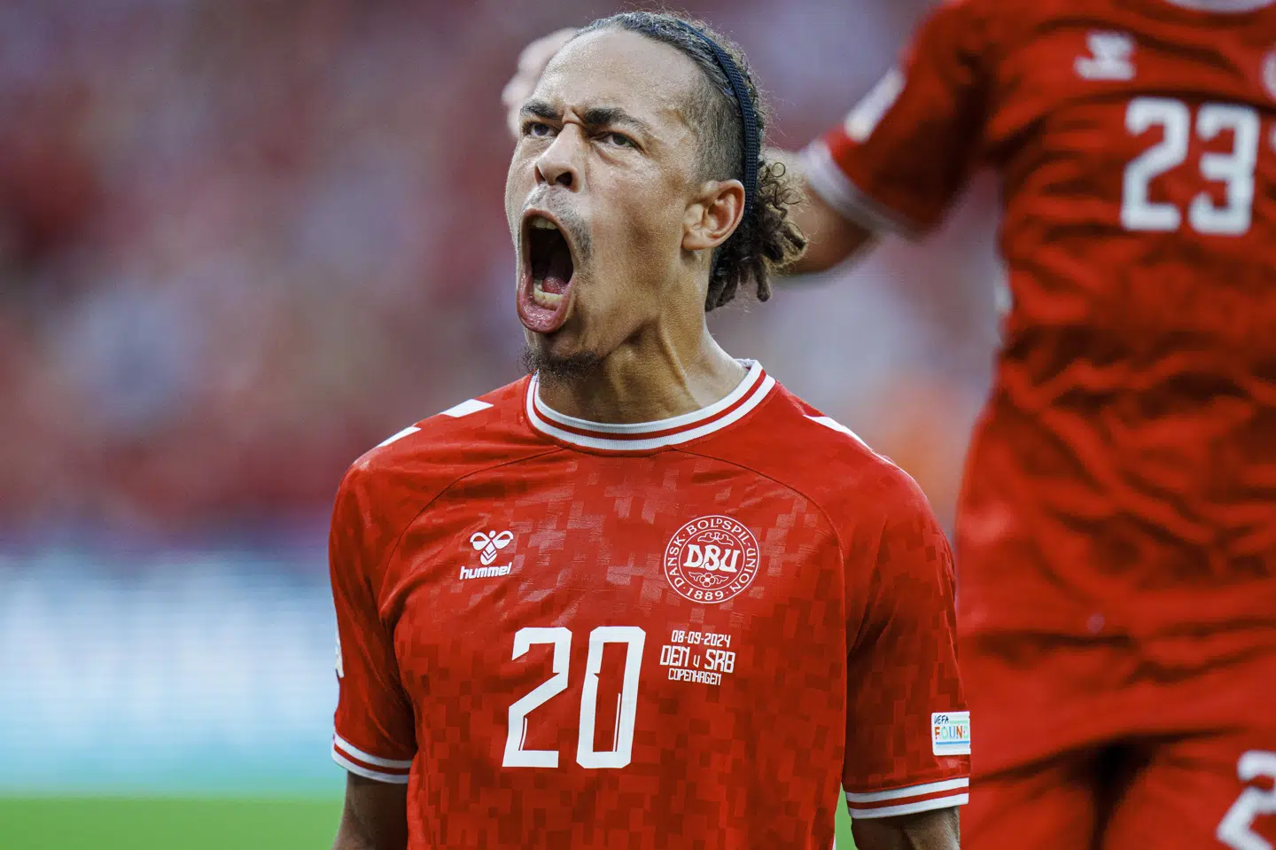 Yussuf Poulsen jubler her efter sit utrolige saksesparksmål mod Serbien i Nations League sidste år. Nu er han tilbage på landsholdet. (Arkivfoto).