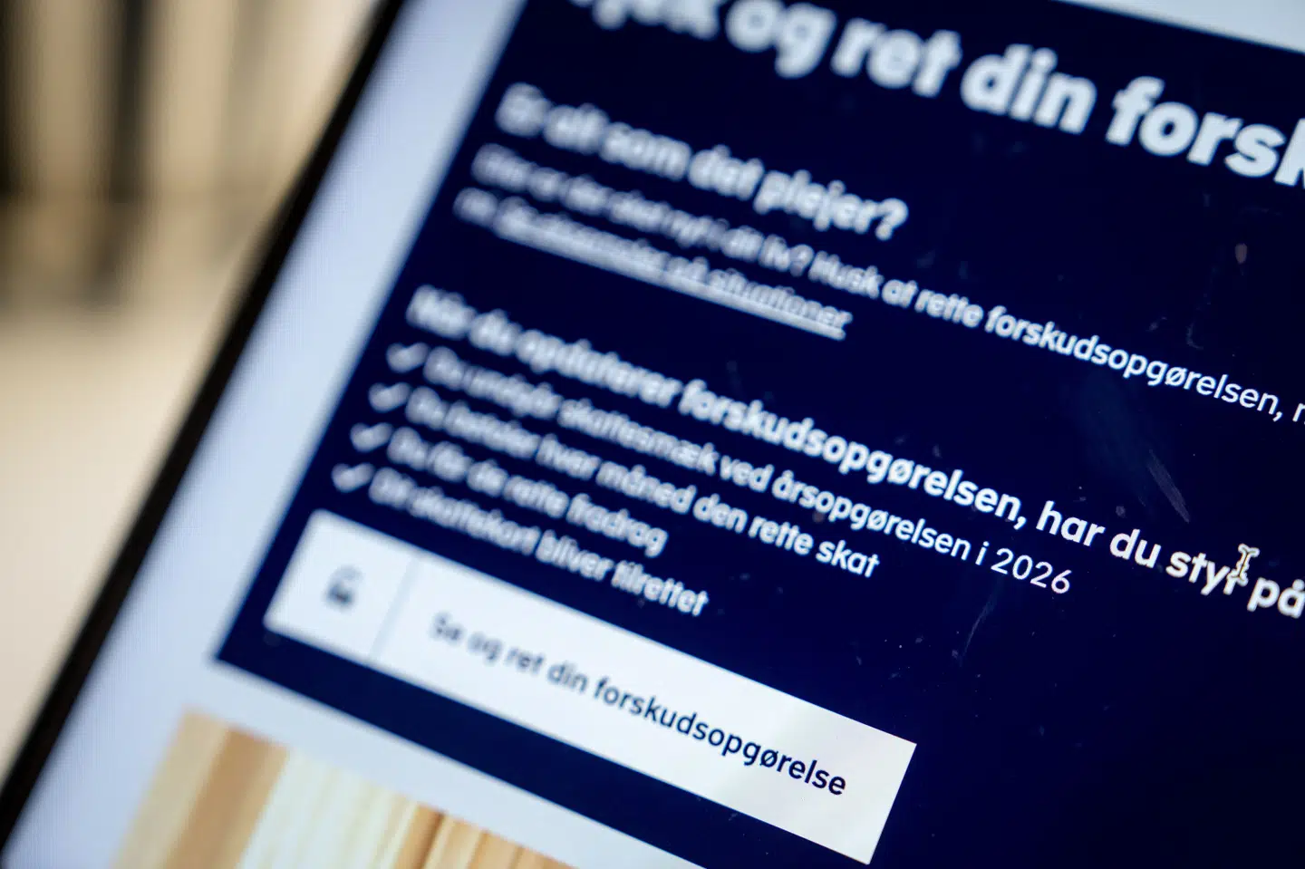 Skattestyrelsen åbner hvert år i november for forskudsopgørelsen. Her ses skærmen, da opgørelsen åbnede sidste år. (Arkivfoto).