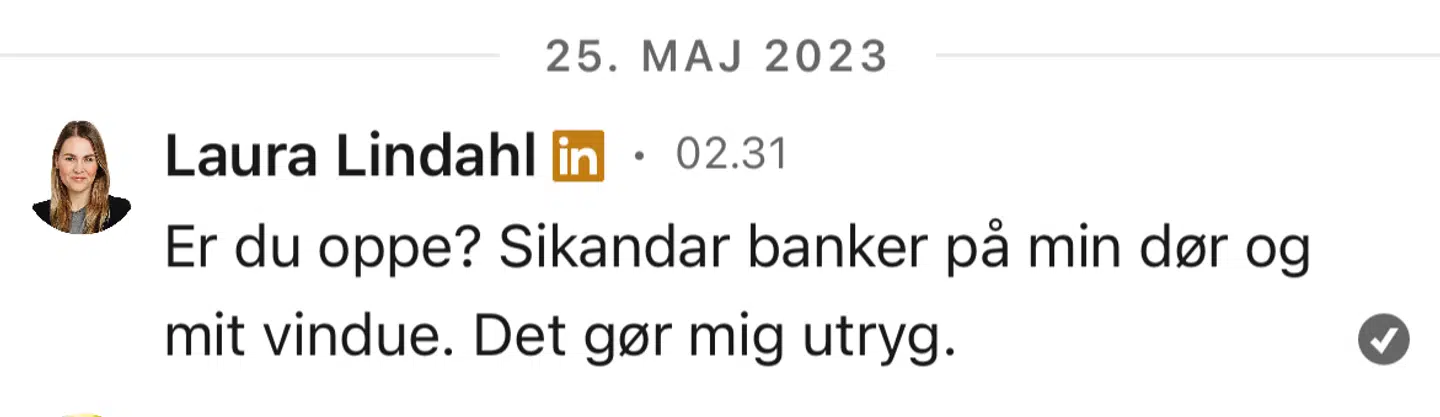 Skærmbillede af den besked, Laura Lindahl sendte sin medkursist om natten.