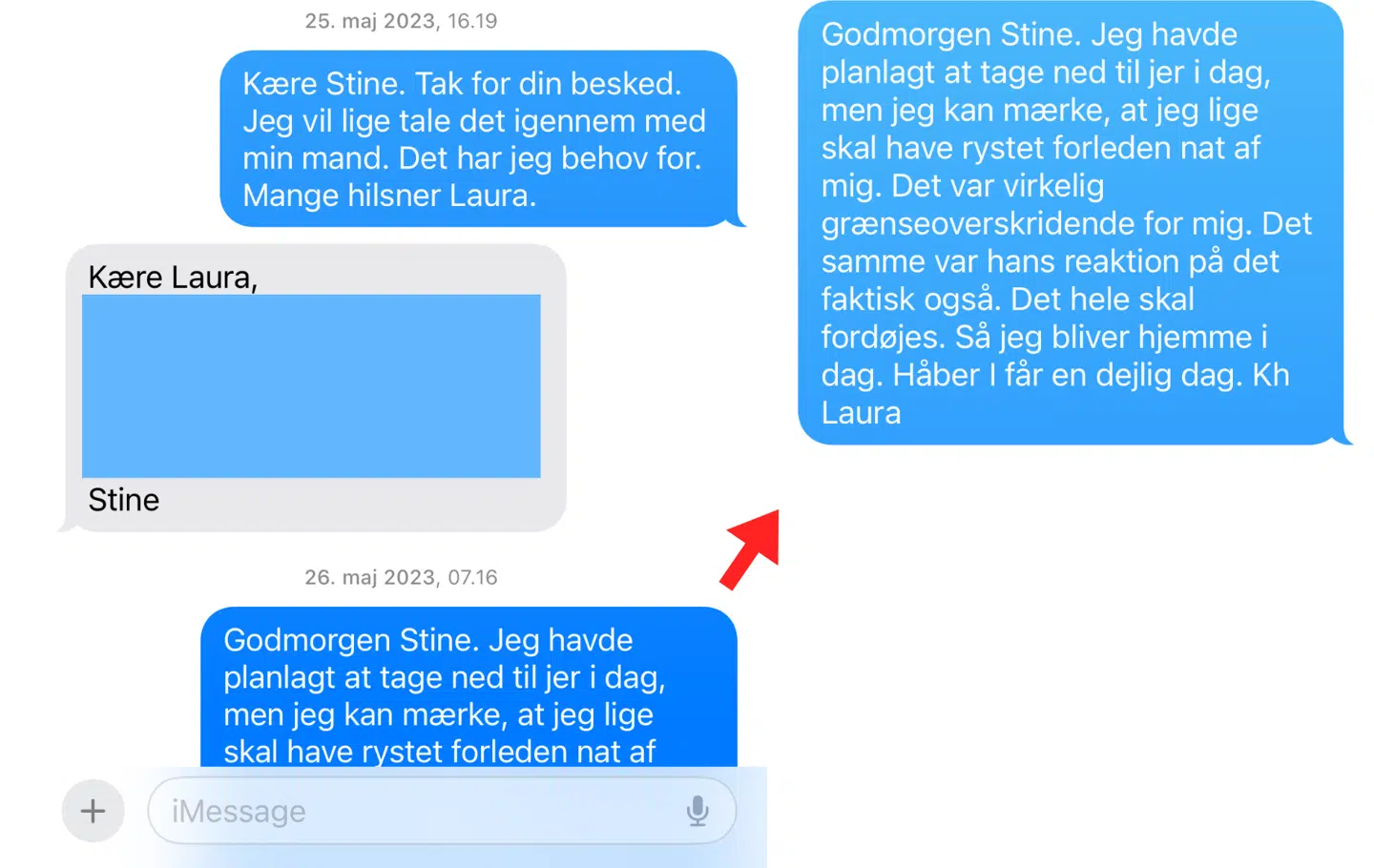 Et uddrag af de beskeder, Laura Lindahl udvekslede med Stine Staffeldt, efter Lindahl tog hjem.