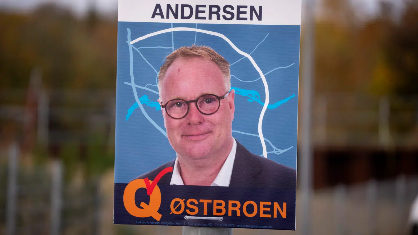 Valgplakat for Erik Bo Andersen fra Østbroen i Randers, søndag den 26. oktober 2025. Den 18. november afholdes der kommunal- og regionalvalg i Danmark. (Foto: Bo Amstrup/Ritzau Scanpix)