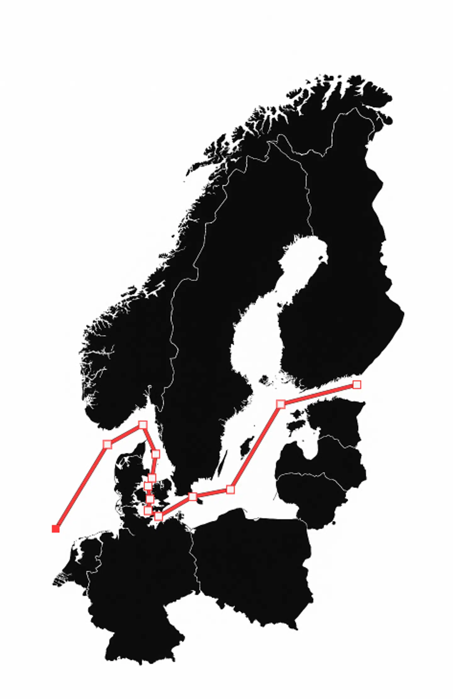 Sådan kan en typisk rute fra et skib fra skyggeflåden tage sig ude gennem dansk farvand.