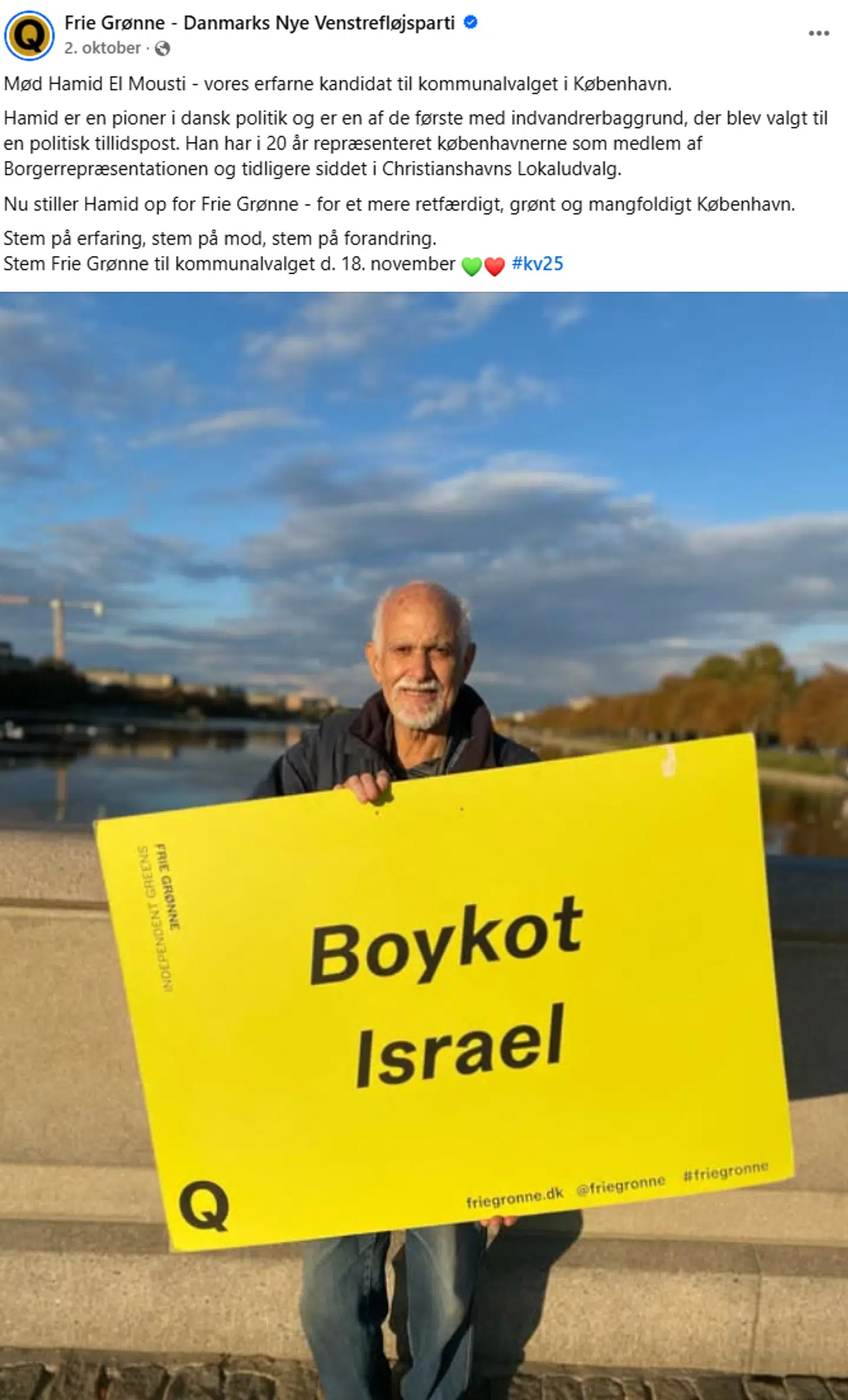 Her ses opslag på Facebook, hvor Frie Grønne præsenterer Hamid El Mousti som kandidat.