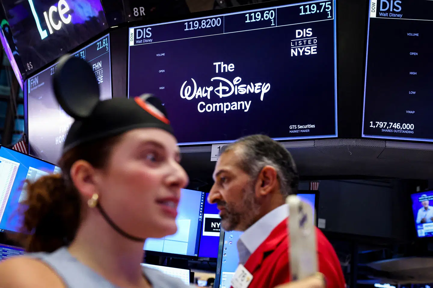FILE PHOTO: A screen displays The Walt Disney Company's logo and trading information as traders work on the floor at the New York Stock Exchange (NYSE) in New York City, U.S., July 17, 2025. REUTERS/Brendan McDermid/File Photo